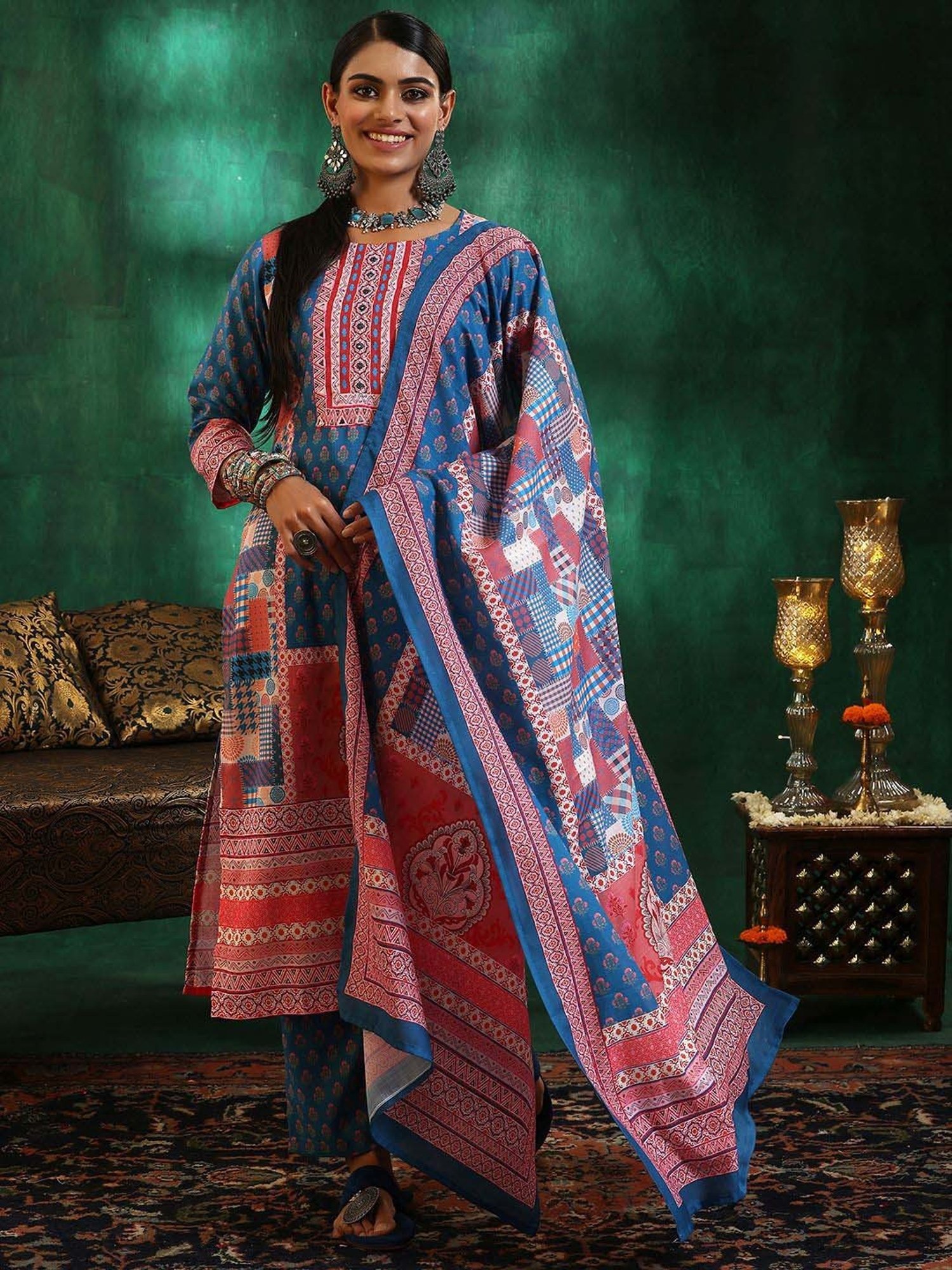 Libas Blue & Pink Linen Printed Kurta Pant Set With Dupatta