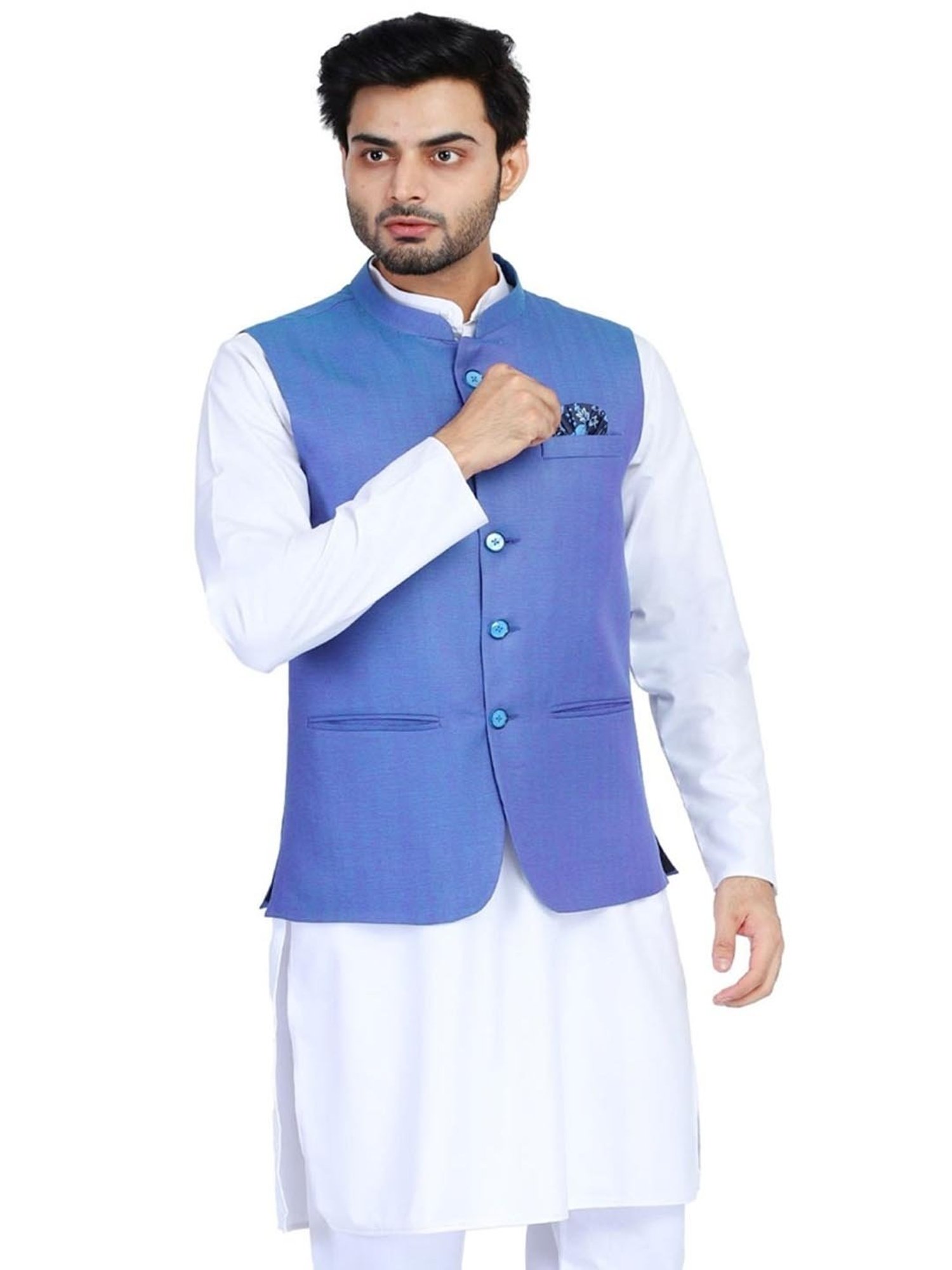 TAHVO Blue Cotton Slim Fit Nehru Jacket