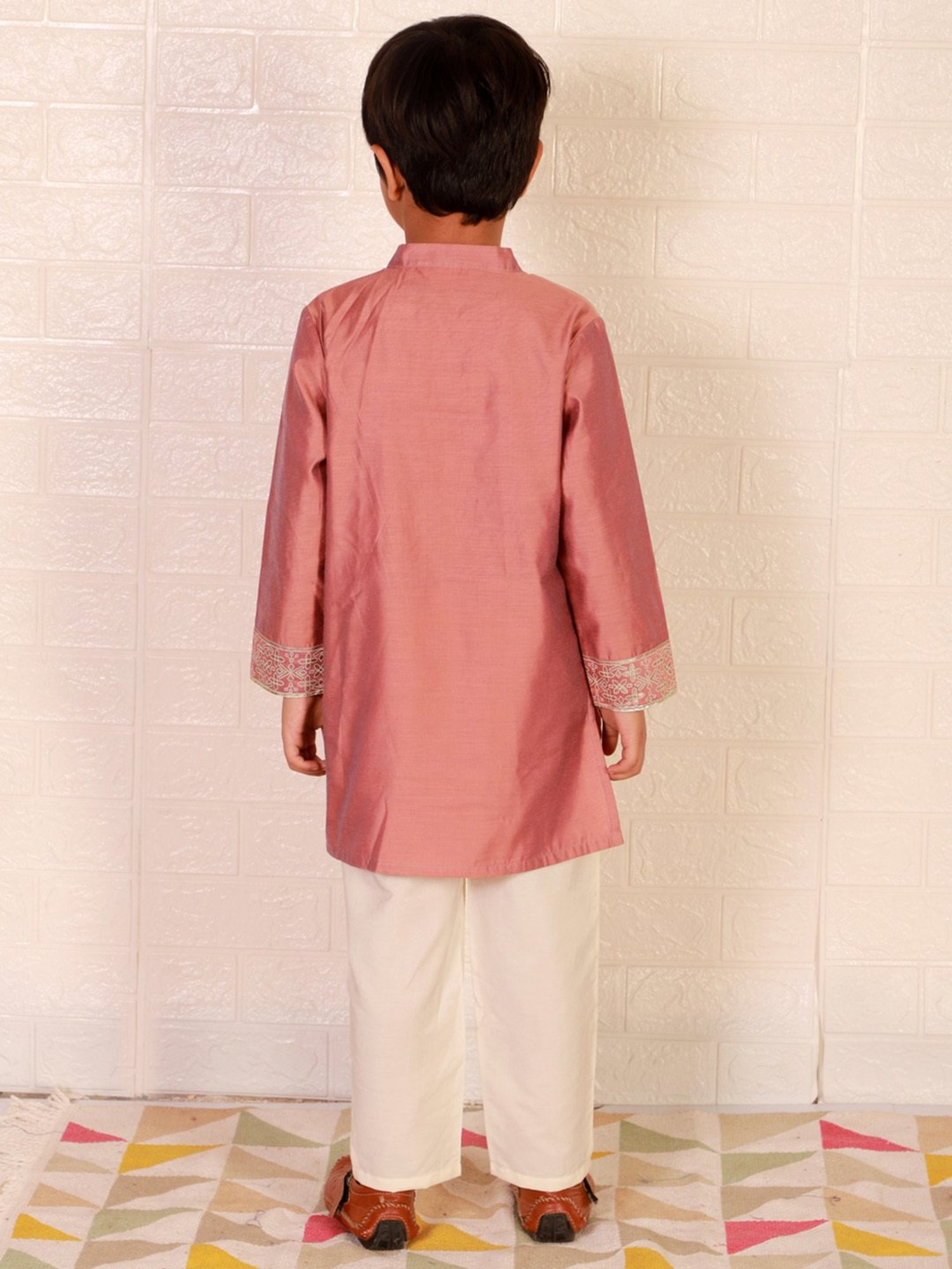 Lil Drama Kids Dusty Pink & White Solid Full Sleeves Kurta with Pyjamas