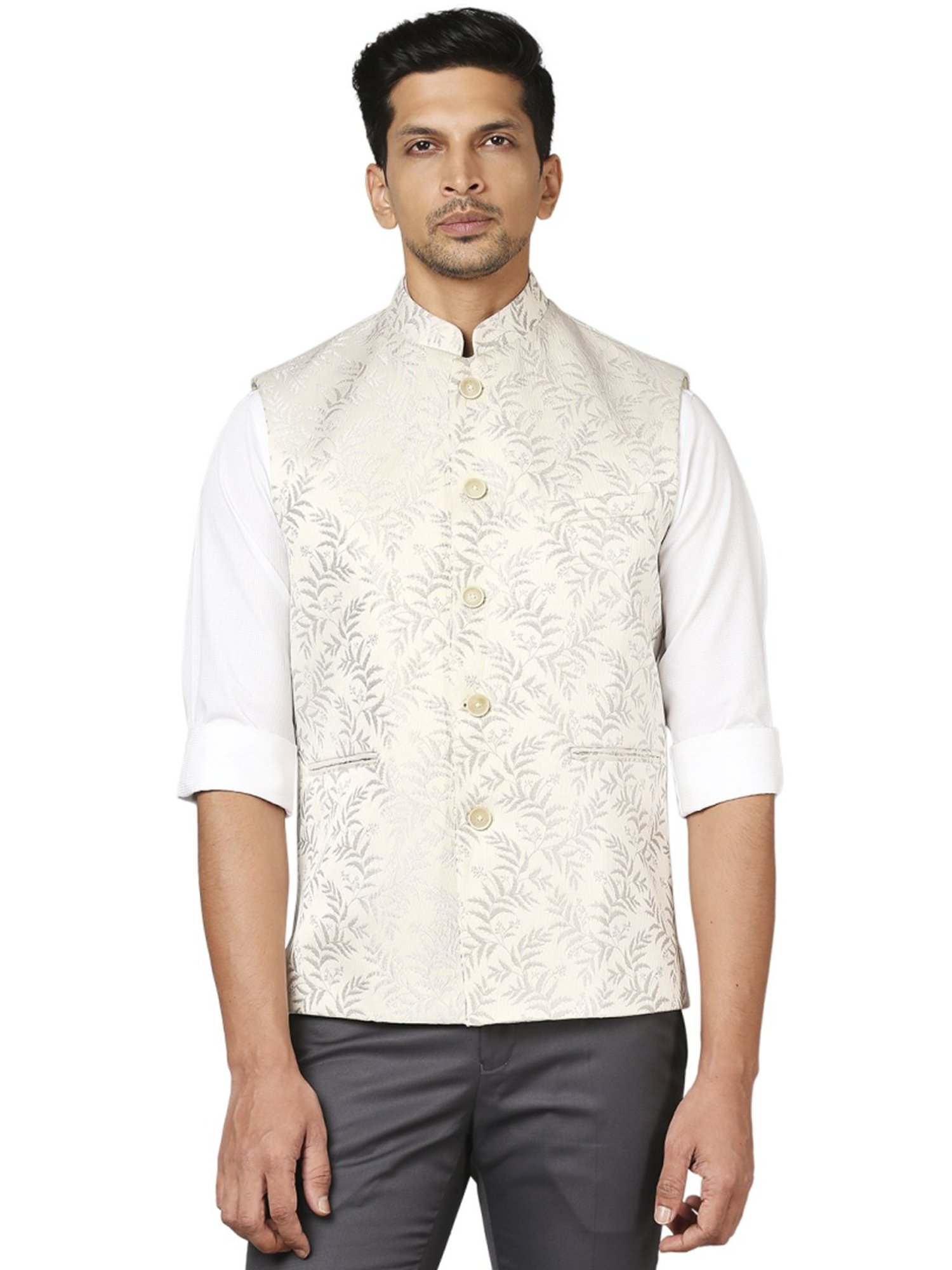 Raymond Beige Regular Fit Self Pattern Nehru Jacket