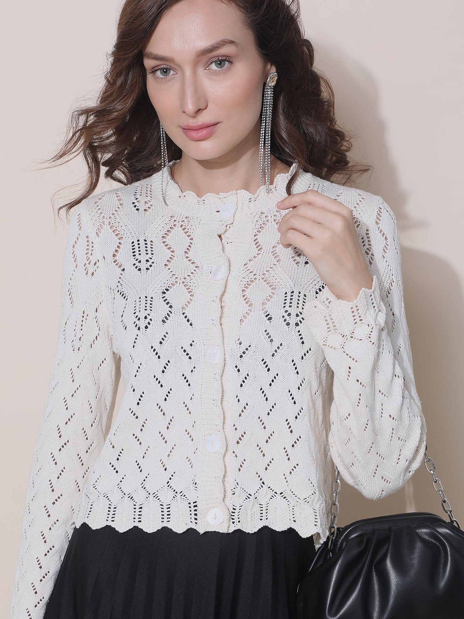 Vero Moda Beige Cotton Self Design Cardigan