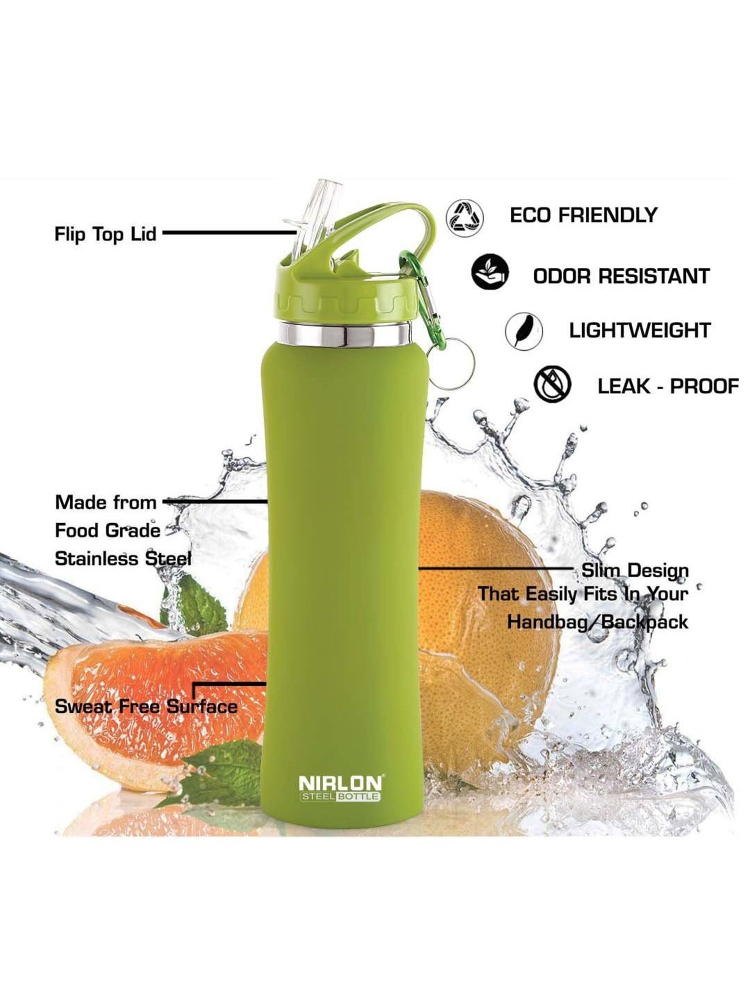 Nirlon Flip Bot Green & Purple Stainless Steel Water Bottle (0.75 L) - Set of 2