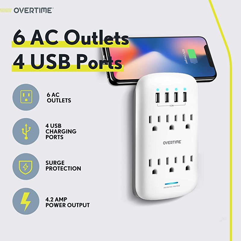 Wall Charger 4Pack Socket Shelf Overtime Surge Protector 6 Outlet Extender with 4 Ports Charging Station Compatible iPhone 11 Pro MaxXsXS MaxXRX876Plus Samsung ETL Certified