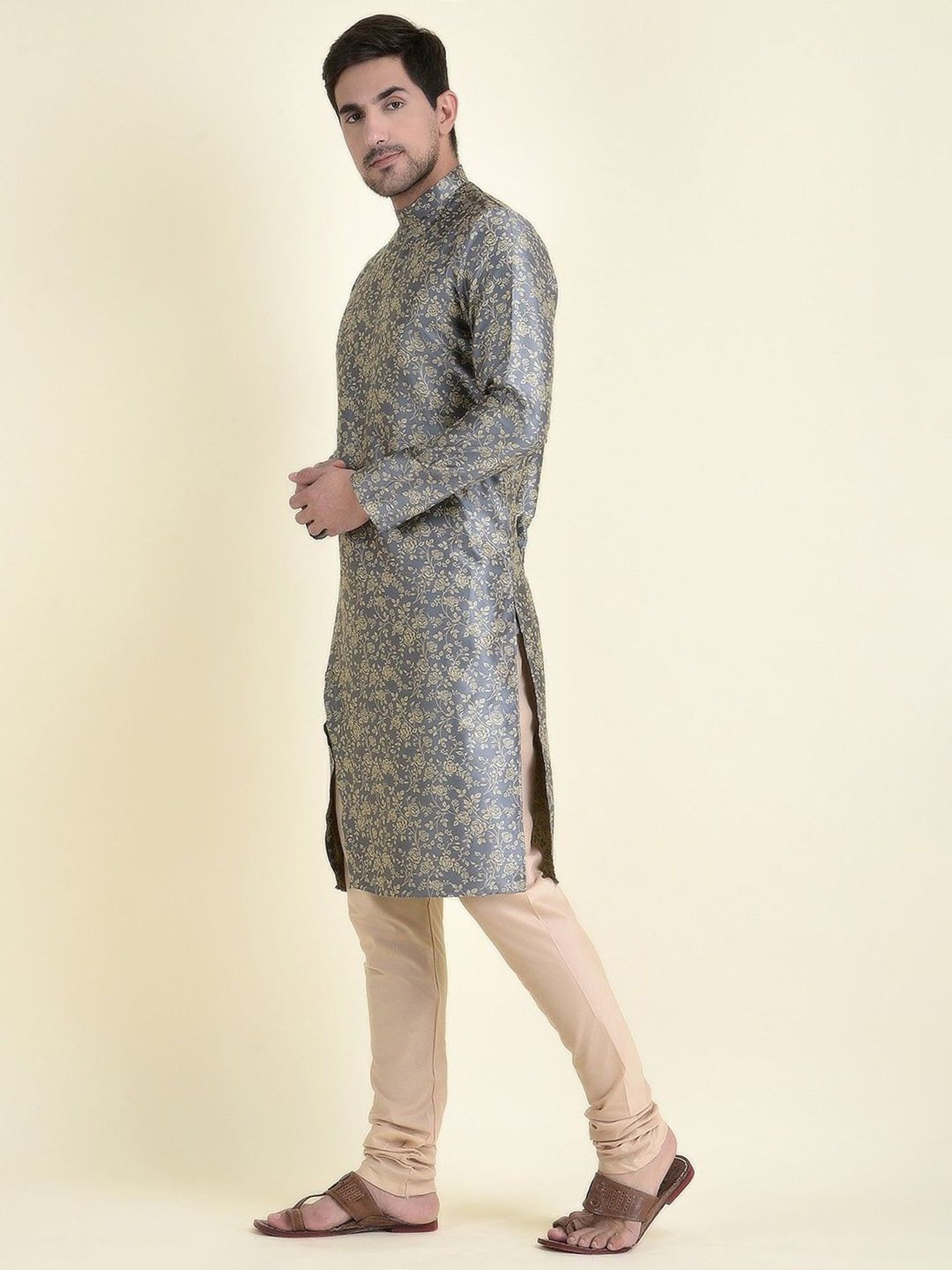 TABARD Grey Cotton Regular Fit Printed Kurta Bottom Set