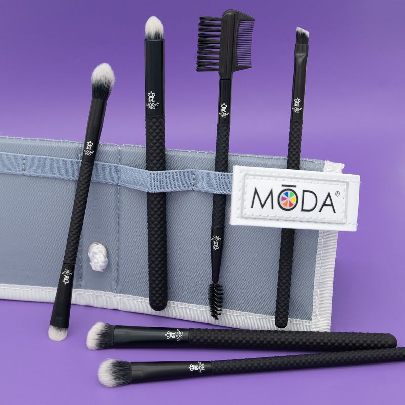 MODA Brush Pro 7pc Beautiful Eyes Black Tavel Sized Makeup Brush Set with Travel Flip Case, Includes - Angle Shader, Crease/Smudge, Eye Shader, Smoky Eye and Brushes