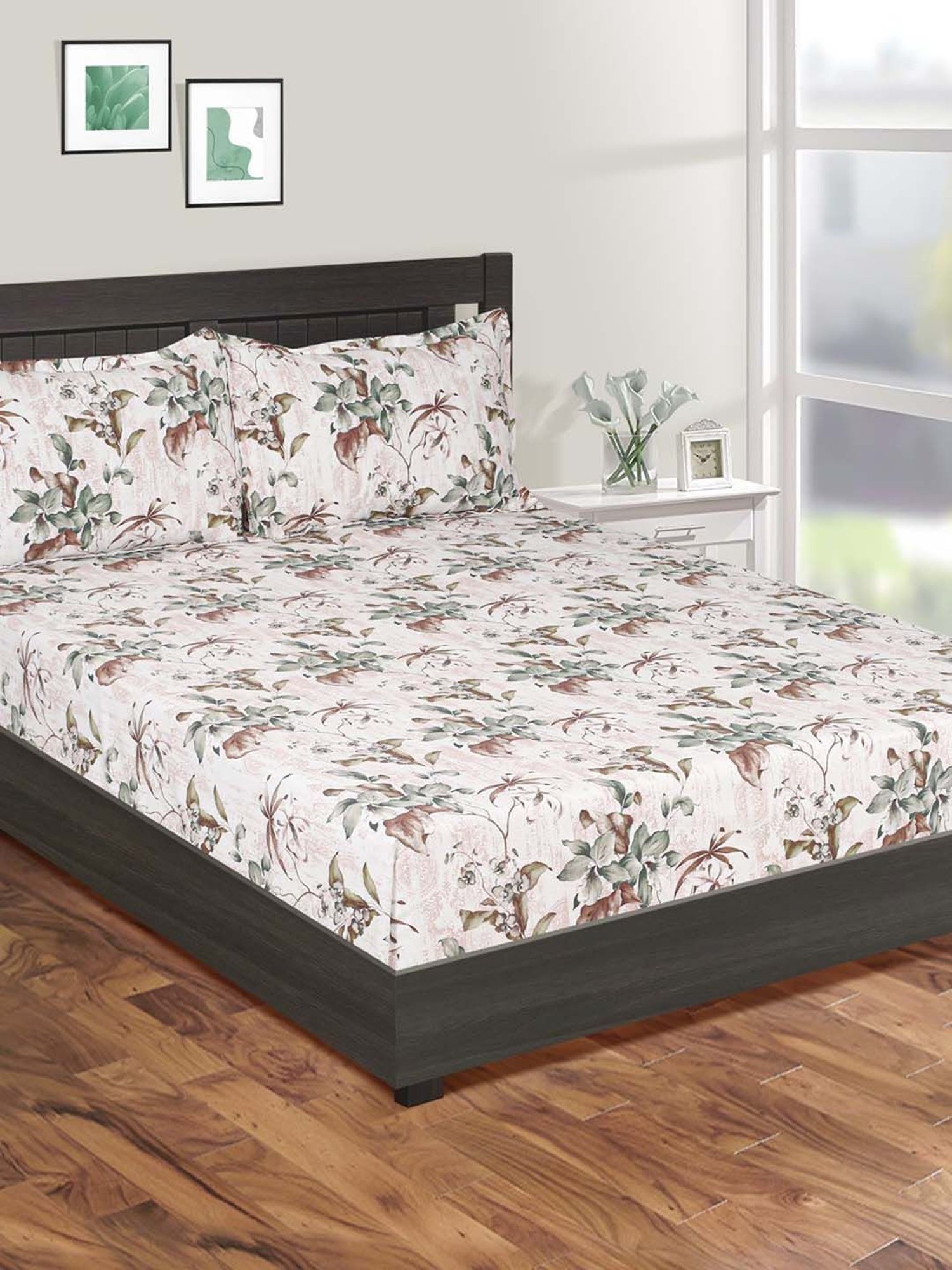 Swayam White, Brown & Green Cotton 210 TC, 1 Double Bedsheet With 2 Pillow Cover