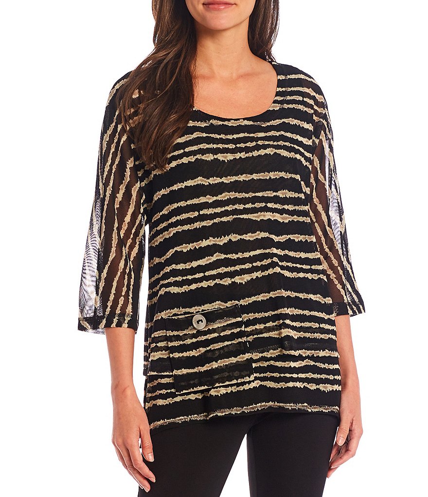 Ali Miles 3/4 Sleeve Scoop Neck Printed Mesh Hi-Low Tunic