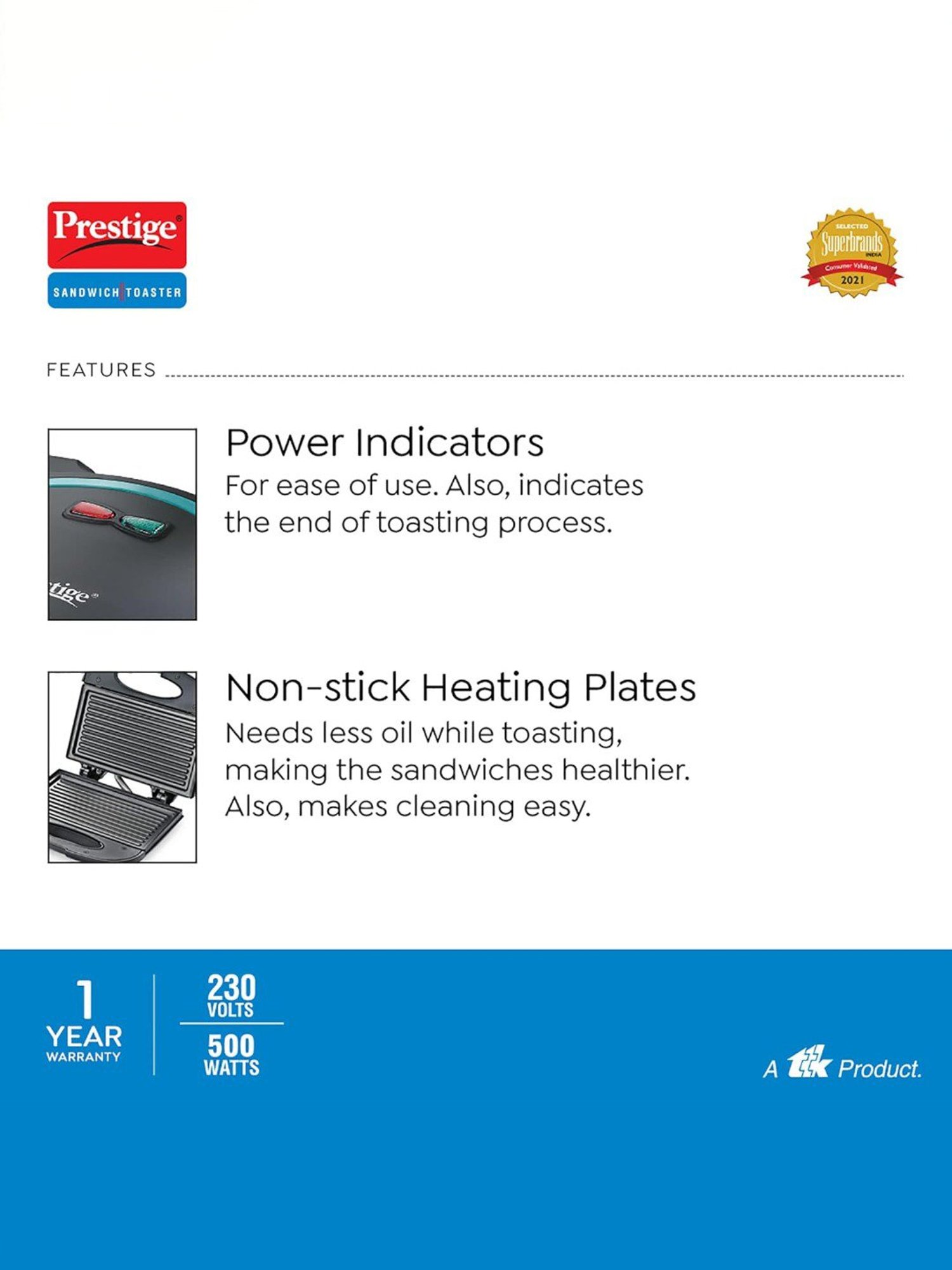 Borosil Sandwich Maker 700W Non Stick Coating (Black)