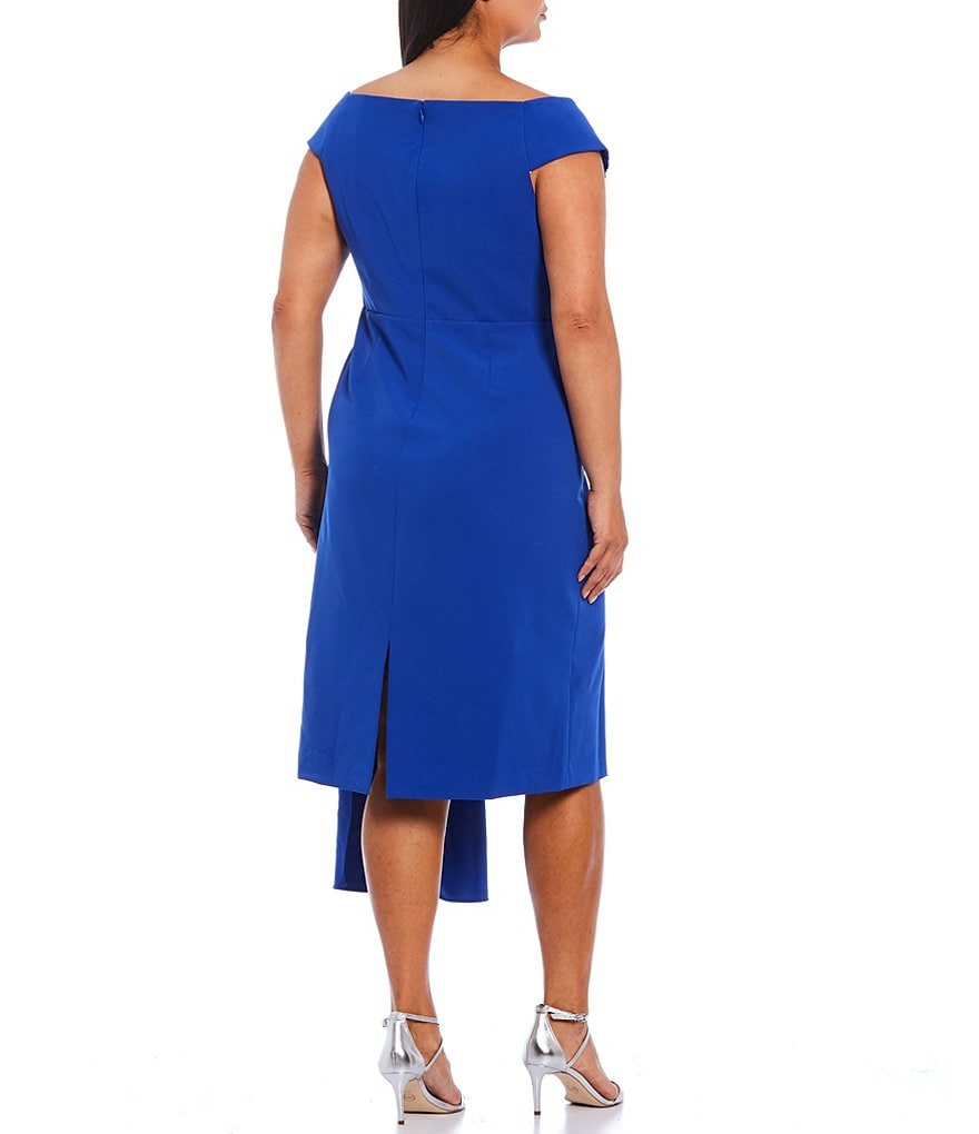Eliza J Plus Size Crepe Off-the-Shoulder Asymmetrical Pleated Detail Cocktail Dress