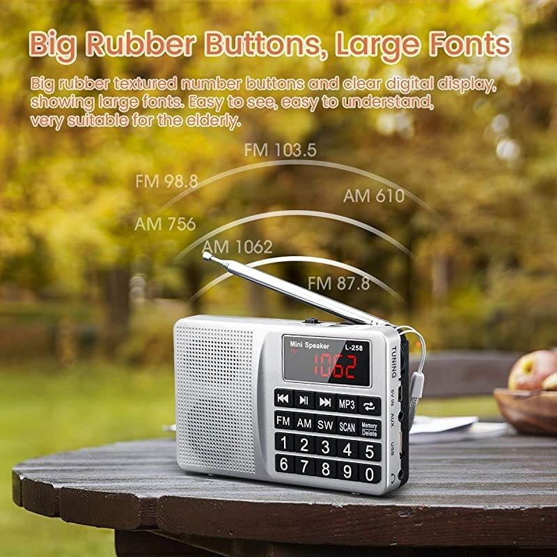 Small Portable Radio AM FM SW Digital Rechargeable Radio with Neodymium Speaker, Large Buttons, Support USB SD TF Card MP3 Player(Gold)
