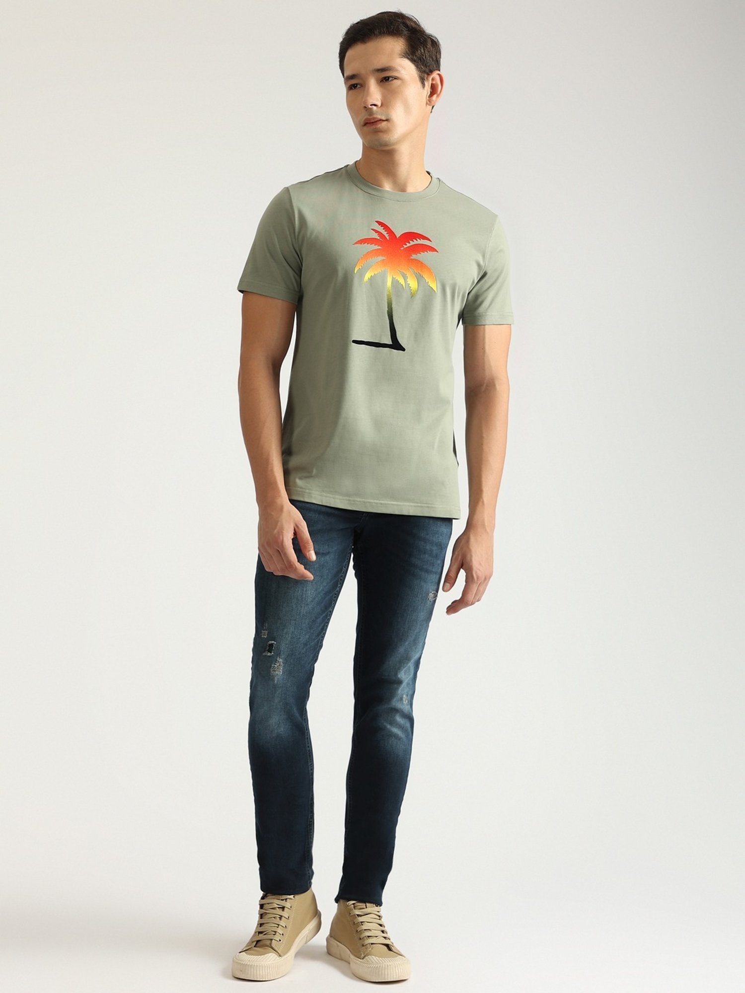 Antony Morato Green Pure Cotton Regular Fit Printed T-Shirt