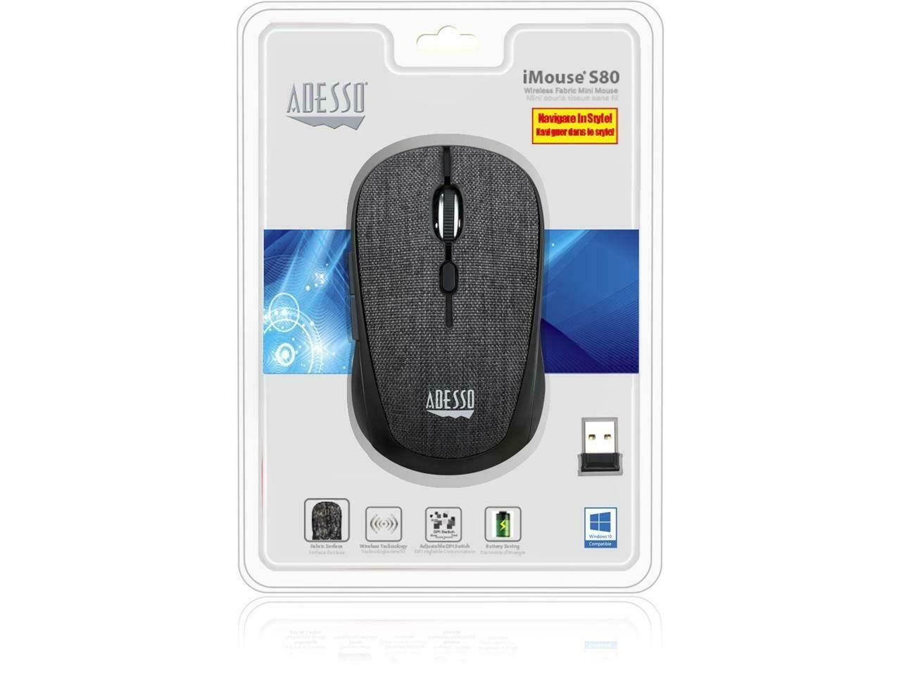 Adesso iMouse S80B Wireless Fabric Optical Mini Mouse Black IMOUSES80B