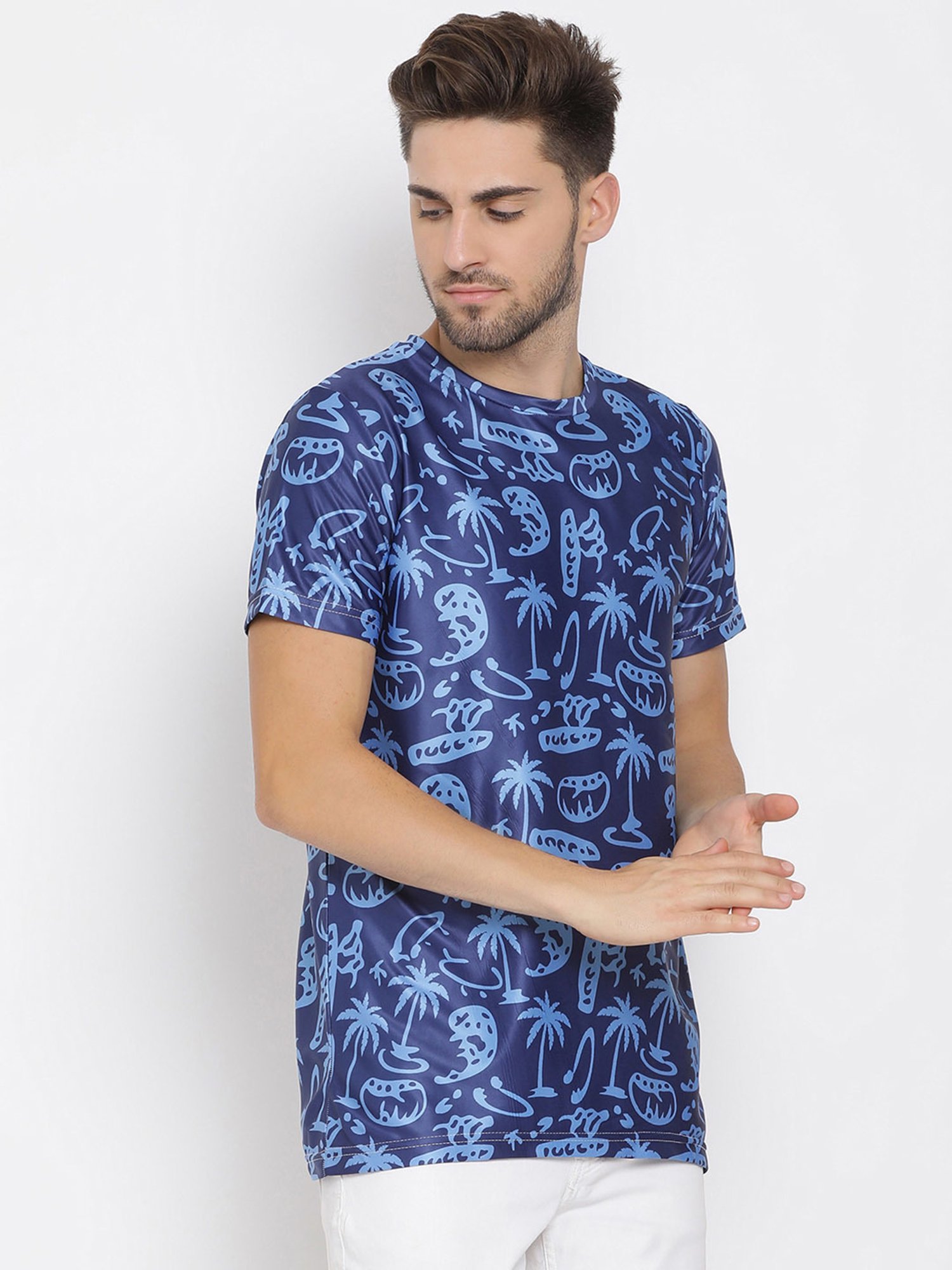 Hangup Plus Blue Regular Fit Printed Crew T-Shirt
