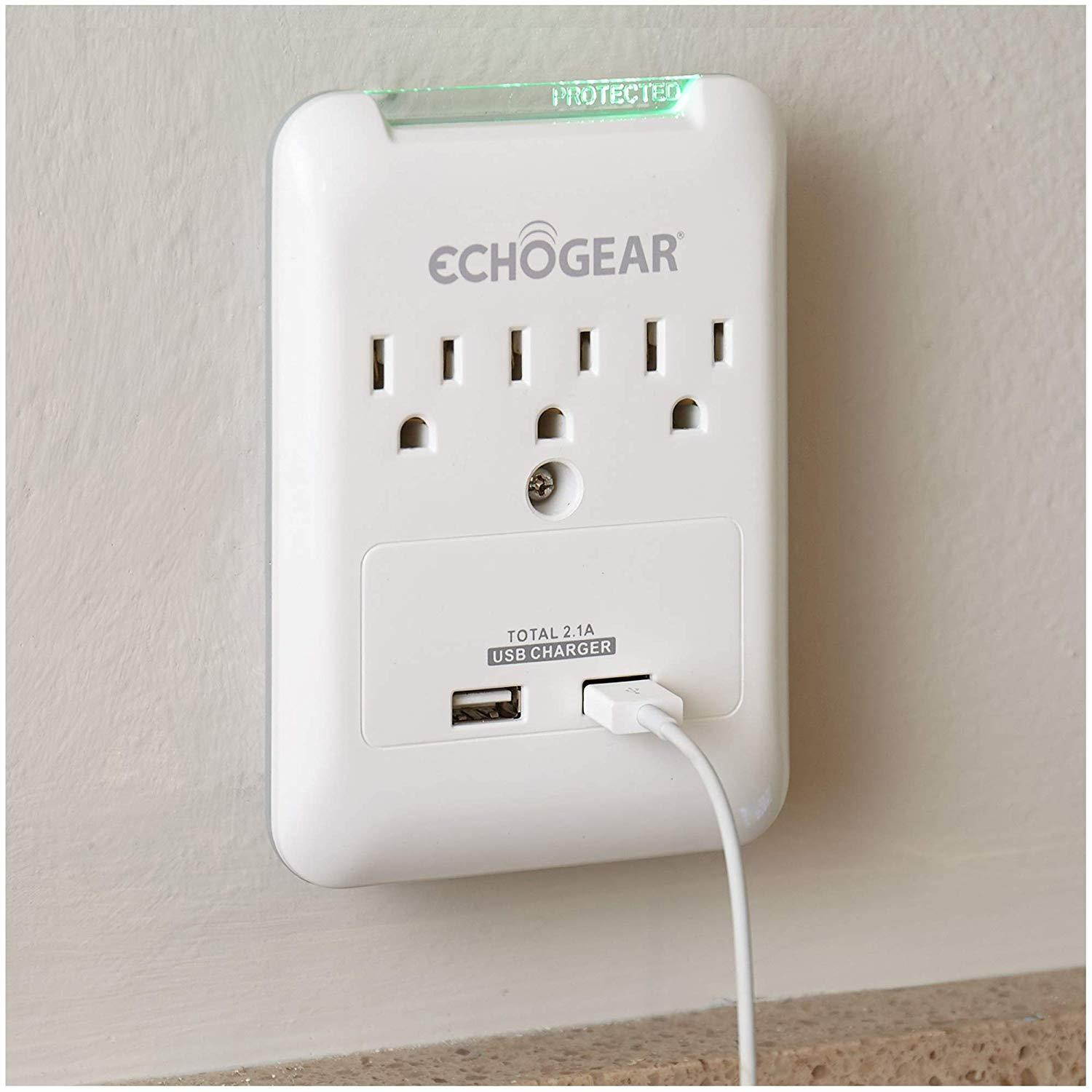 ECHOGEAR Low Profile Surge Protector Design with 3 AC Outlets & 2 USB Ports &ndash; 540 Joules of Surge Protection - Installs Over Existing Outlets to Protect Your Gear & Increase Outlet Capacity