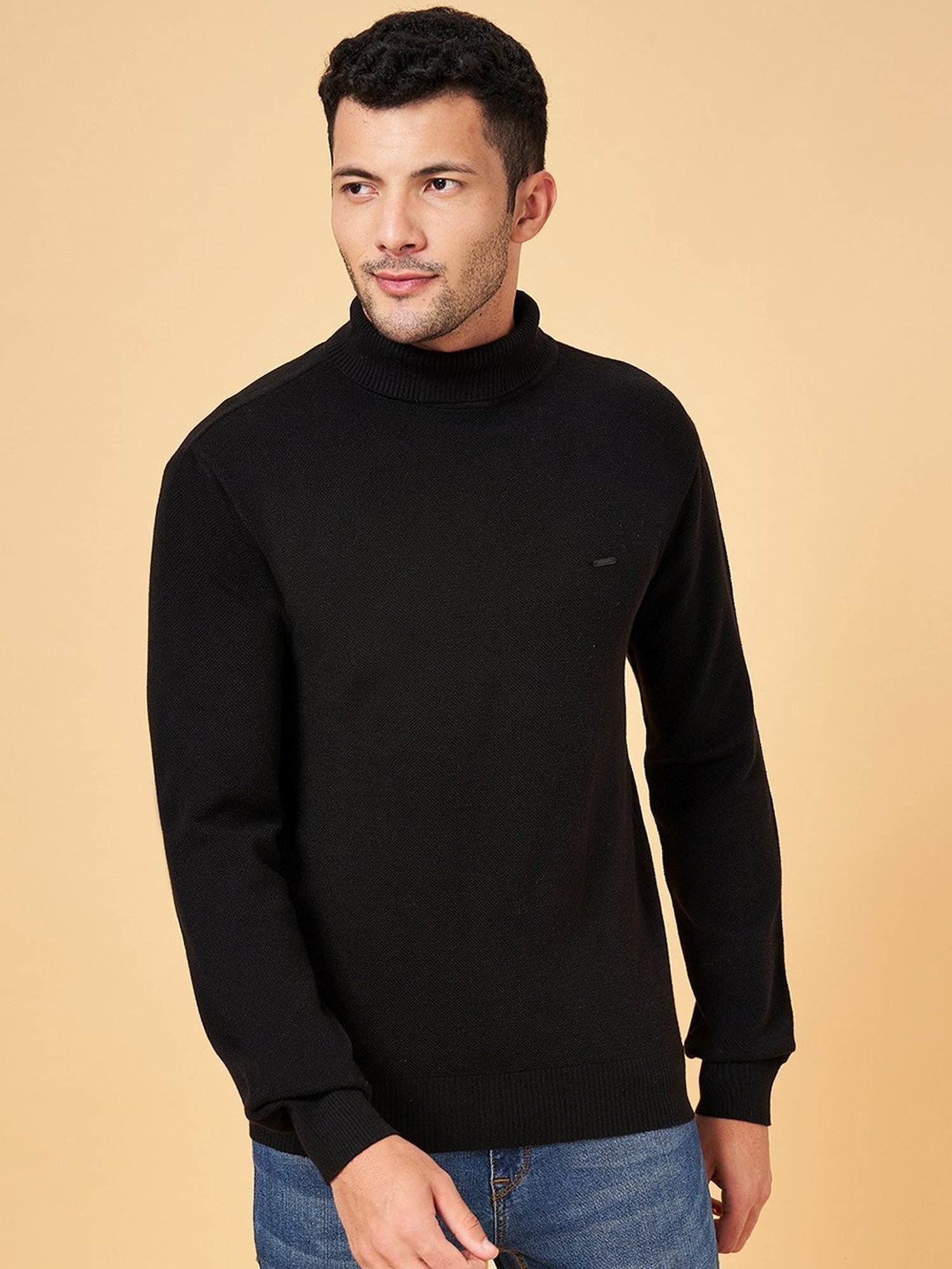 Byford by Pantaloons Black Slim Fit Self Pattern Sweater