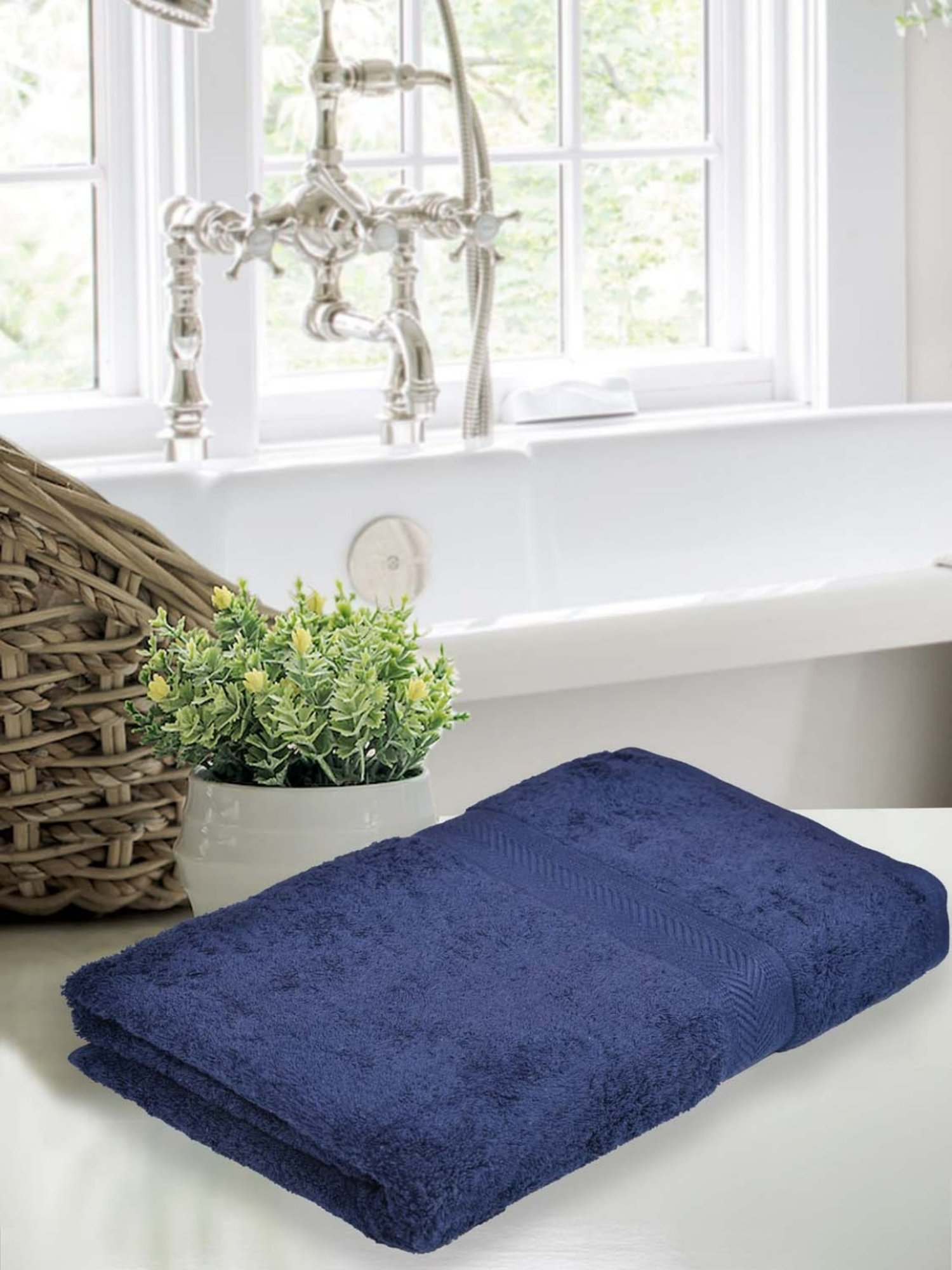 Haus & Kinder Self Blue & Navy Blue 500 GSM Cotton Bath Towel - Set of 2