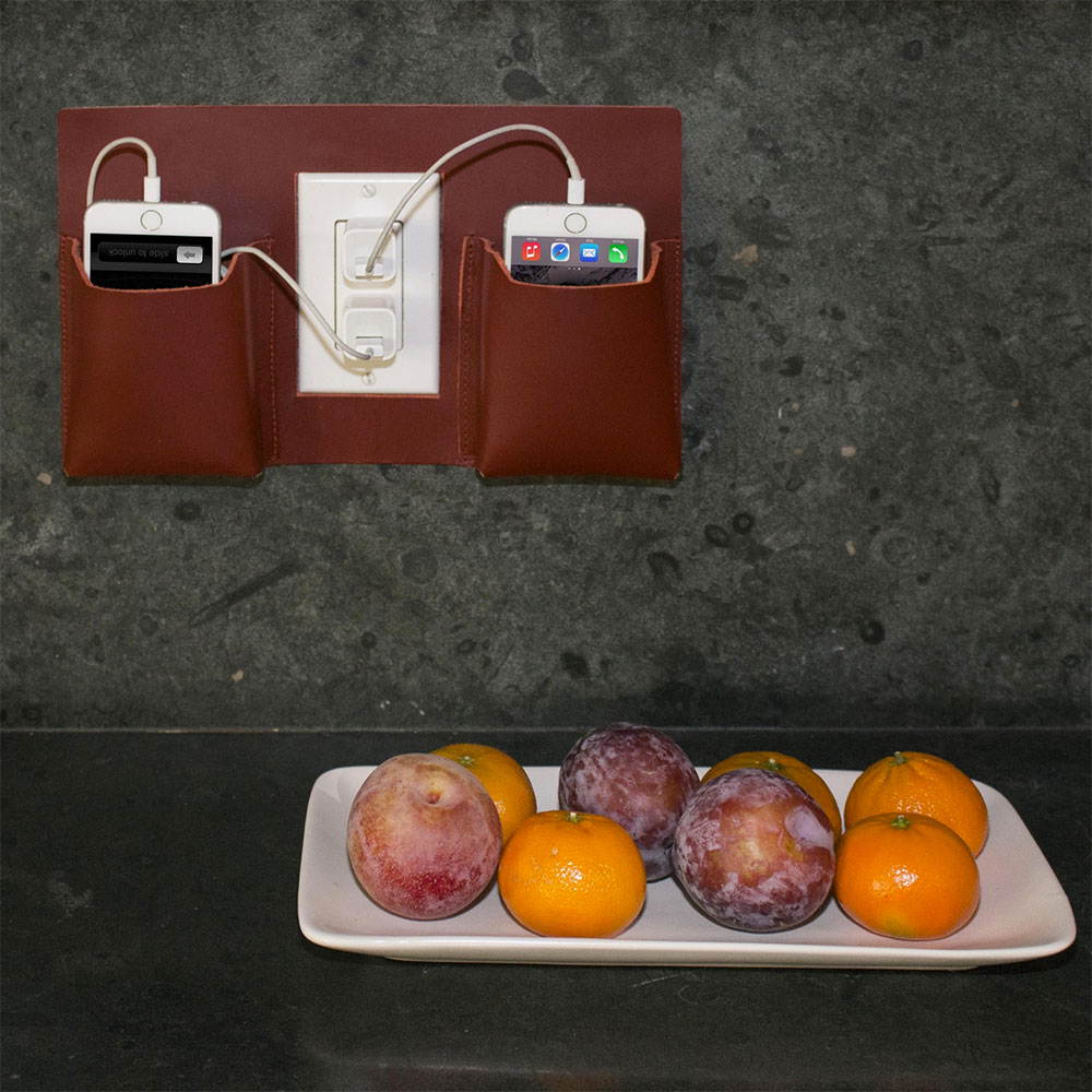 Quick Draw Genuine Leather Charging Holster - Outlet Suspended/Wall Mount Phone Cradle Stand. Solo/Single Style - Handmade in California