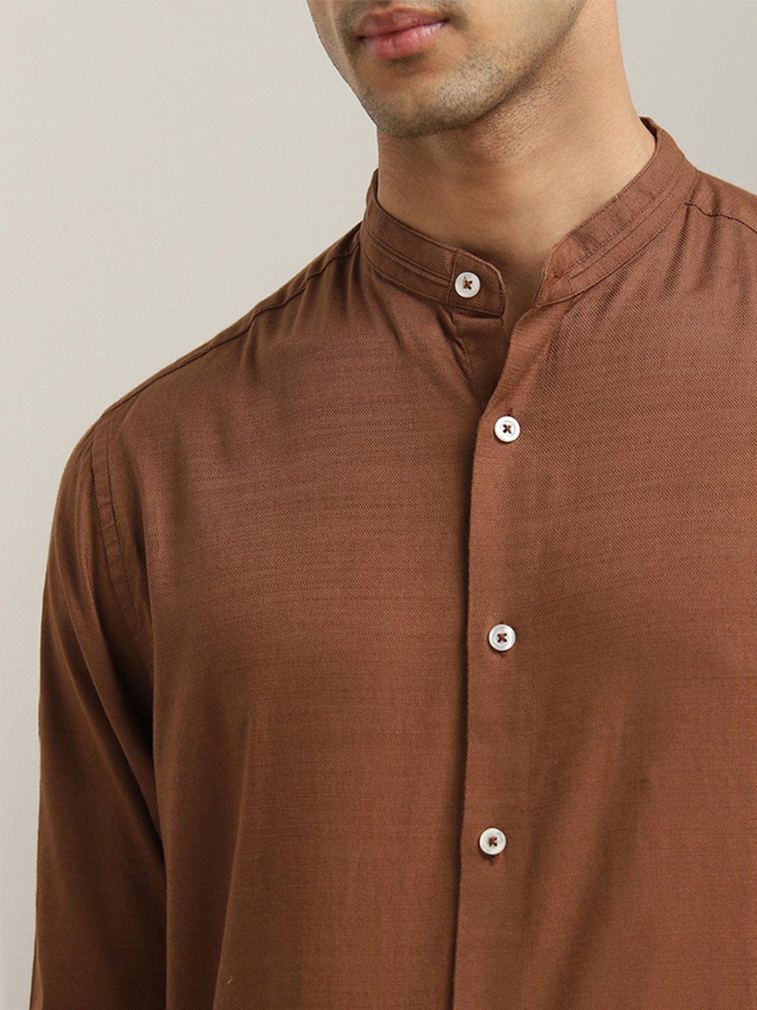 Ascot by Westside Tan Solid Relaxed-Fit Cotton Shirt