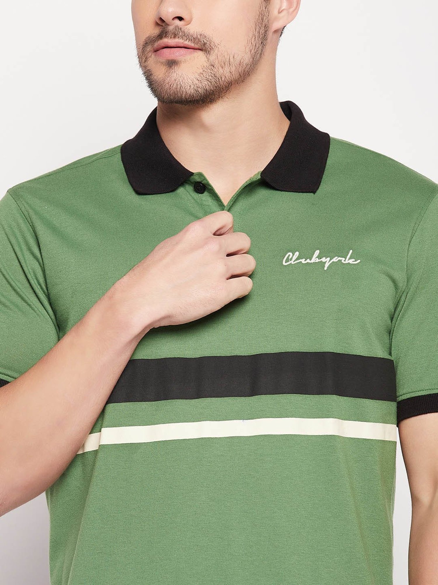 Club York Green Regular Fit Striped Polo T-Shirt
