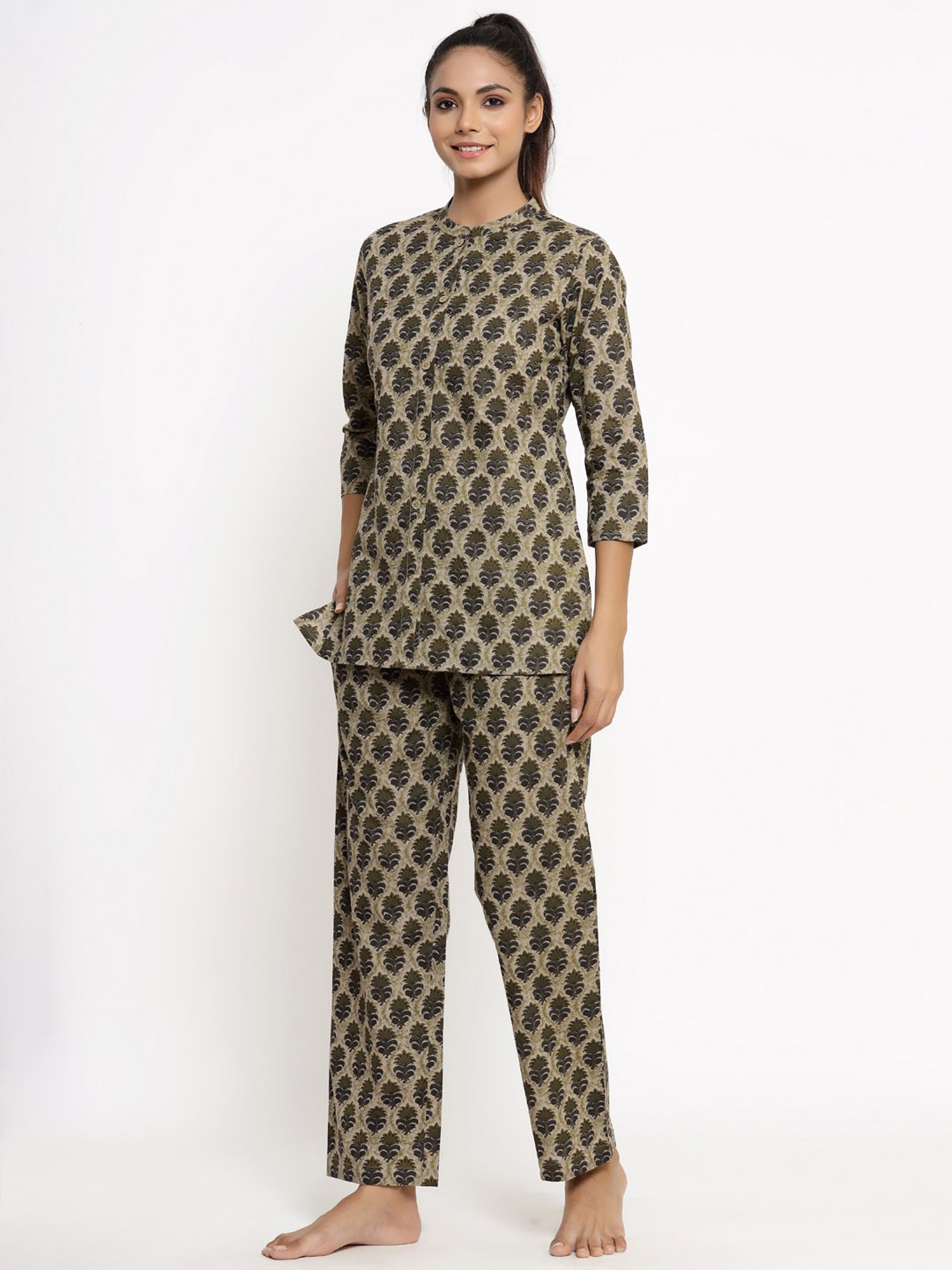 Kipek Beige & Green Cotton Printed Tunic Pyjama Set