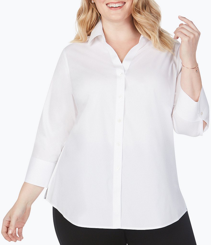 Foxcroft Plus Size Mary Point Collar 3/4 Sleeve Solid Stretch Shirt