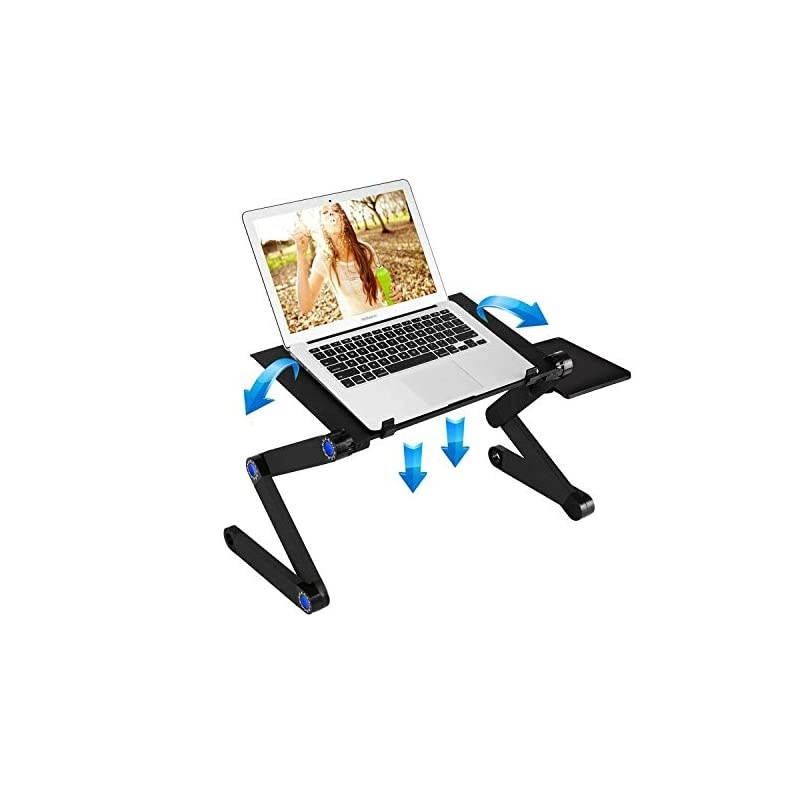 Adjustable Laptop Stand,  Laptop Desk with 2 CPU Cooling USB Fans for Bed Aluminum Lap Workstation Desk with Mouse Pad, Foldable Cook Book Stand Notebook Holder Sofa, Bed Table Office Tray