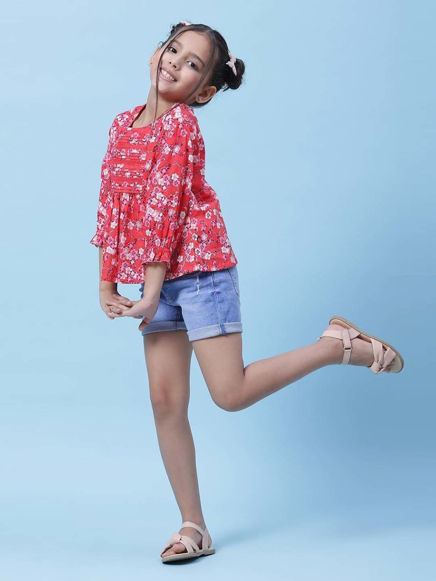 Biba Kids Red & Pink Cotton Floral Print Top