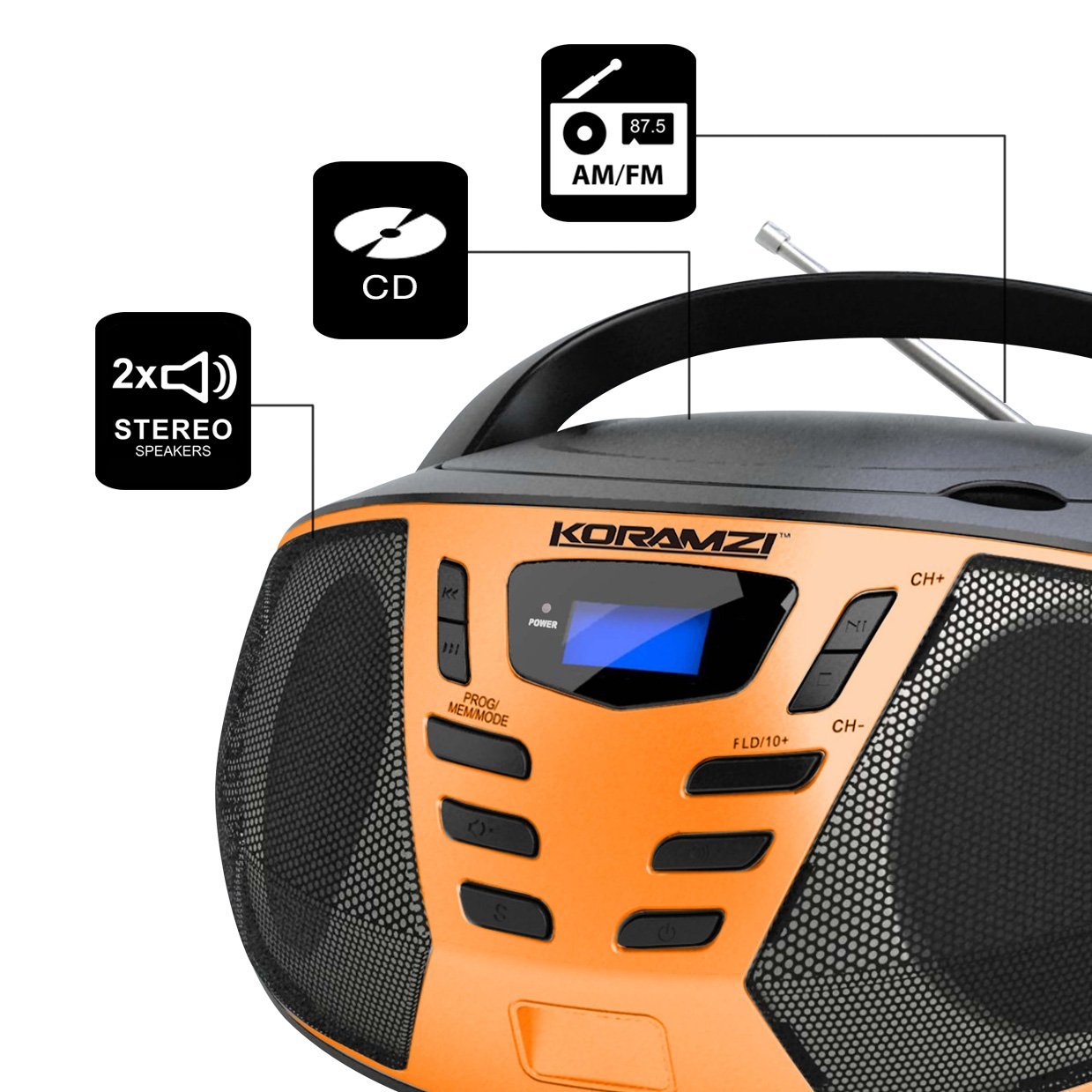 KORAMZI CD55-BKS Portable CD Boombox with AM/FM Radio, Top Loading CD Player, Telescopic Antenna, LCD Display for Indoor & Outdoor, Offices, Home, Restaurants, Picnics, School , Camping