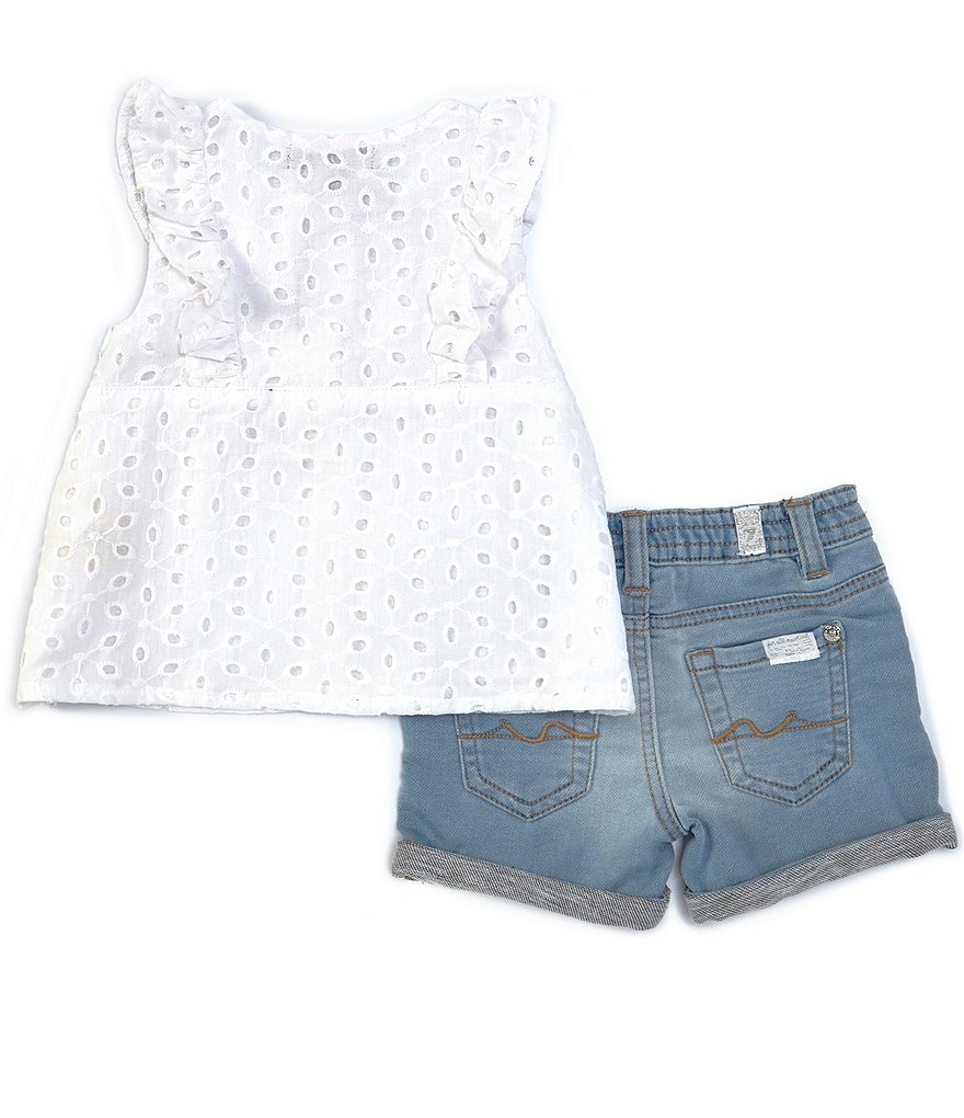 7 For All Mankind Baby Girls 12-24 Months Sleeveless Eyelet Ruffle Top & Denim Shorts Set