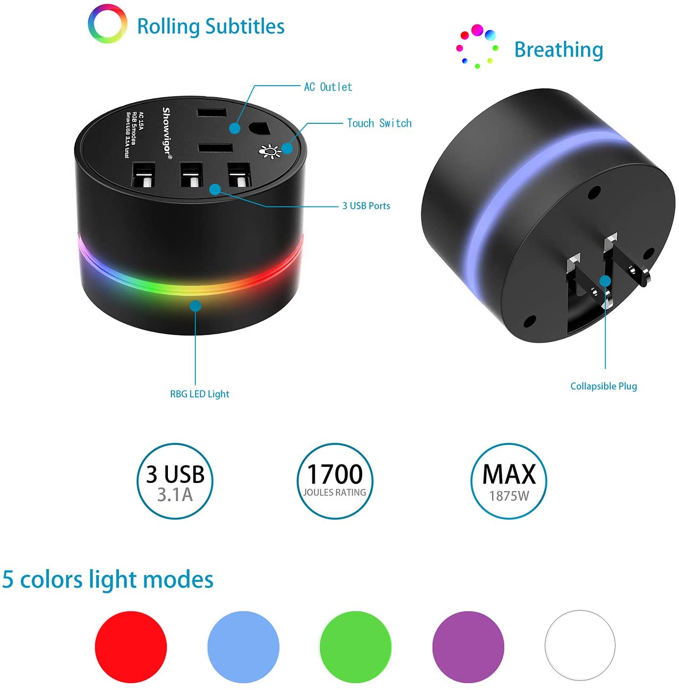 Power Strip with USB, 9-Outlet Surge Protector 3 USB Charging Ports with Sensor Night Light, 6ft Long Extension Cord, Flat Plug, 1875W/15A Compact Size for Travel, Home and Office, ETL Listed