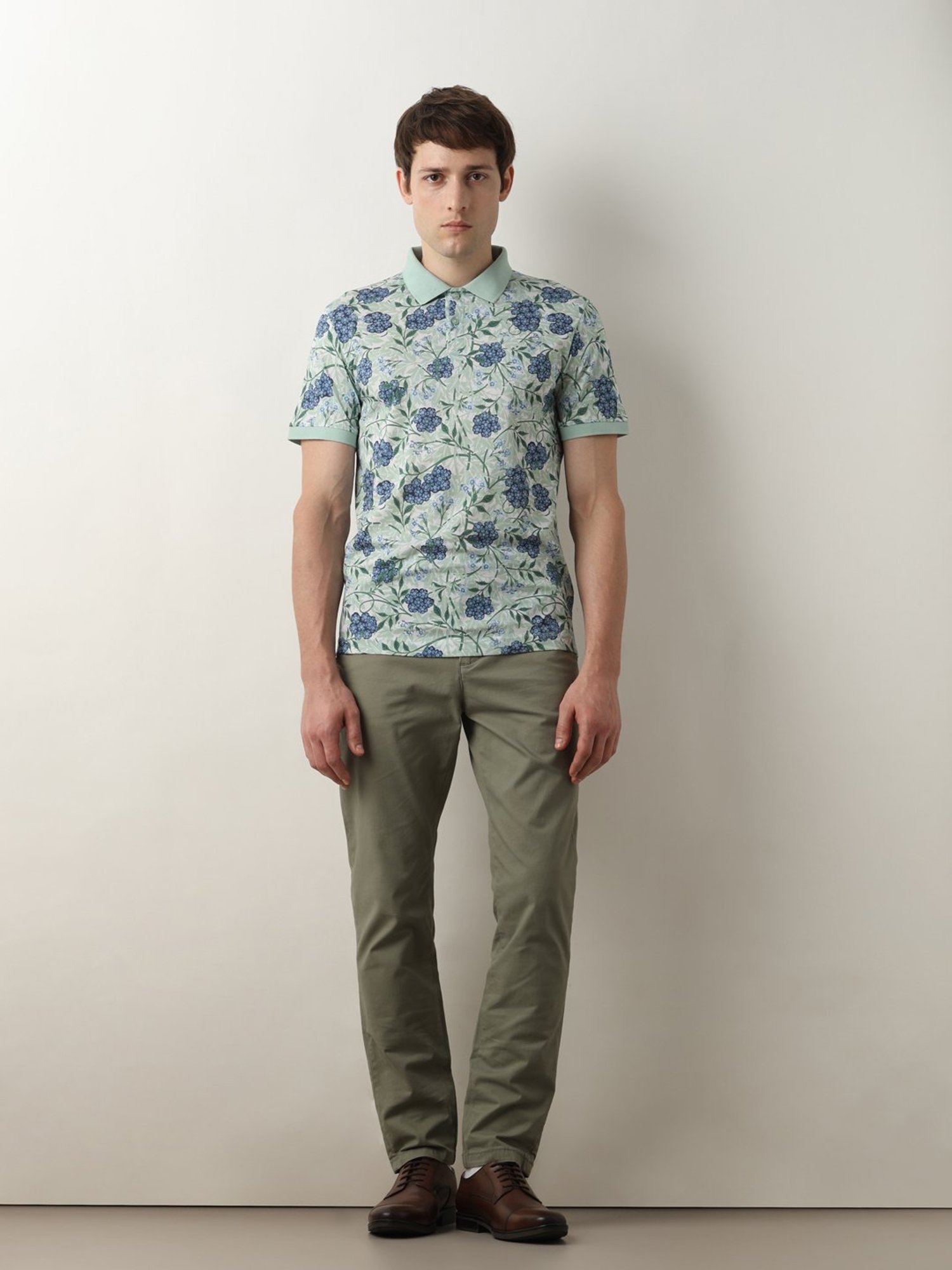 SELECTED HOMME Mint Green Slim Fit Floral Print Cotton Polo T-Shirt