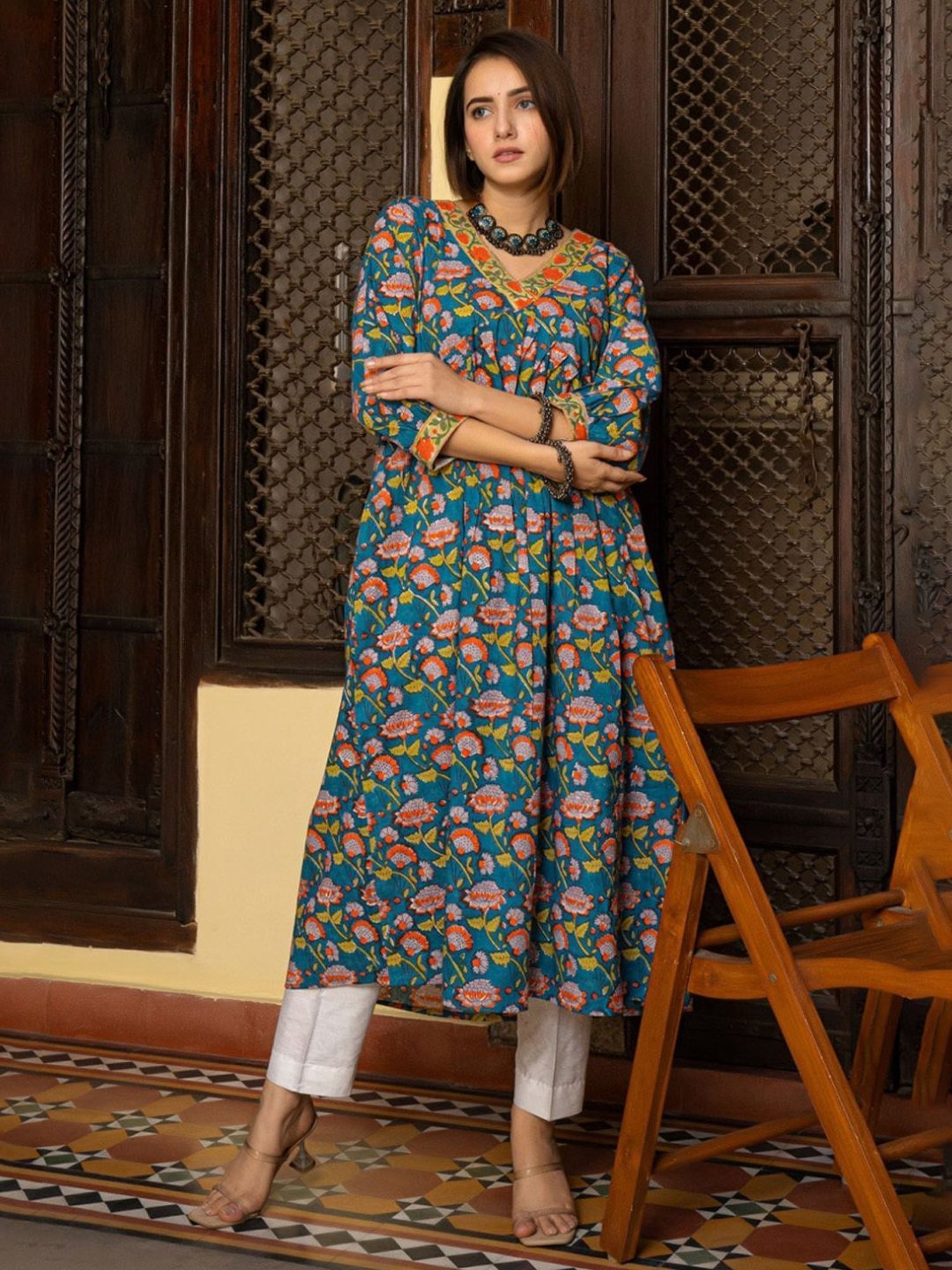 Eeshva India Blue & Orange Florest Jaal Hand Blocked Kurta In Cotton