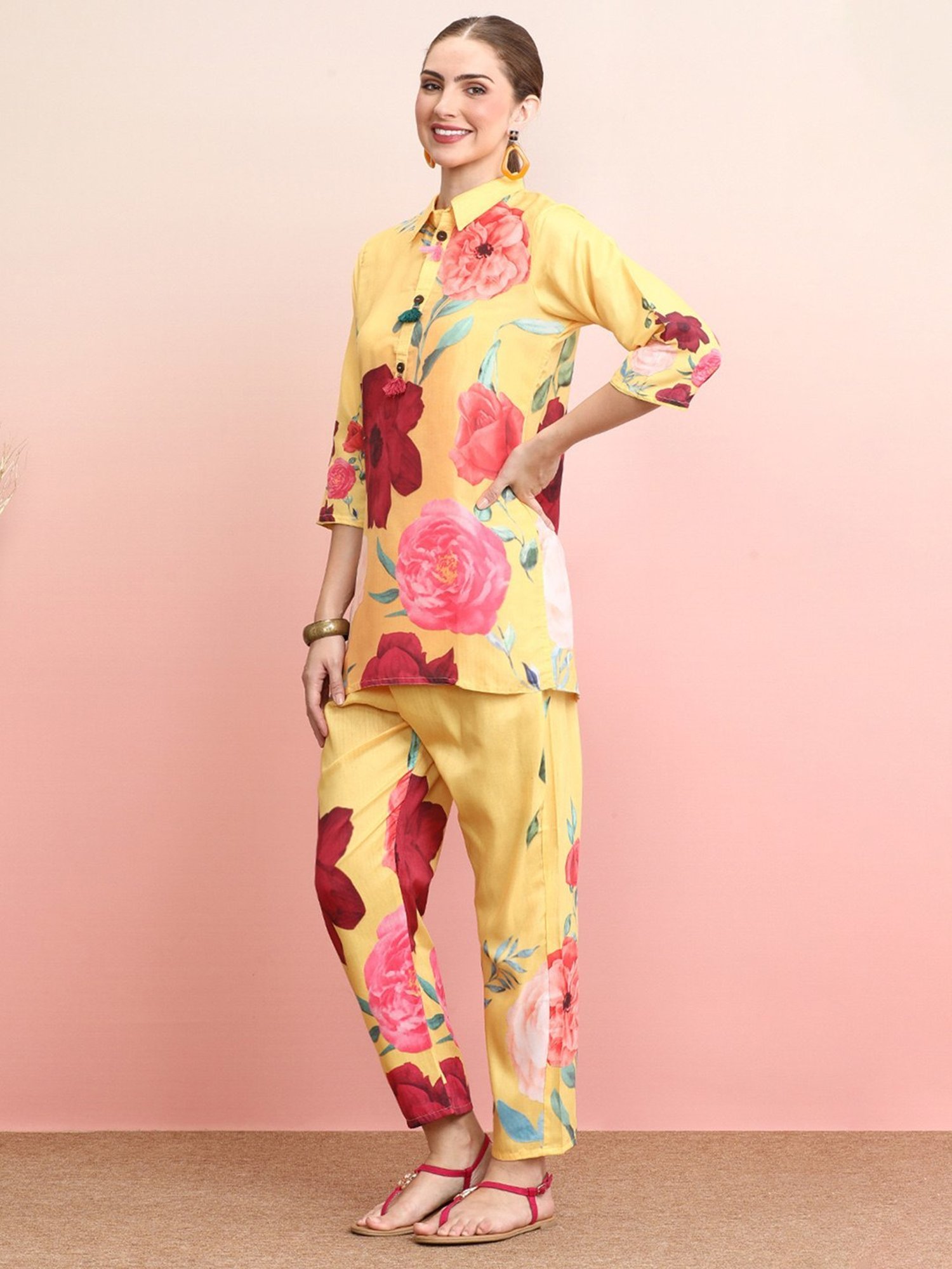 Indo Era Yellow Floral Print Tunic Pant Set