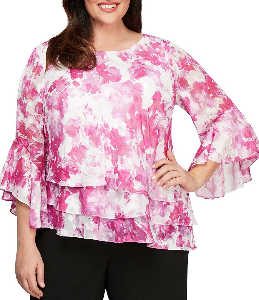 Alex Evenings Plus Size Round Neck 3/4 Flutter Sleeve Floral Chiffon Blouse