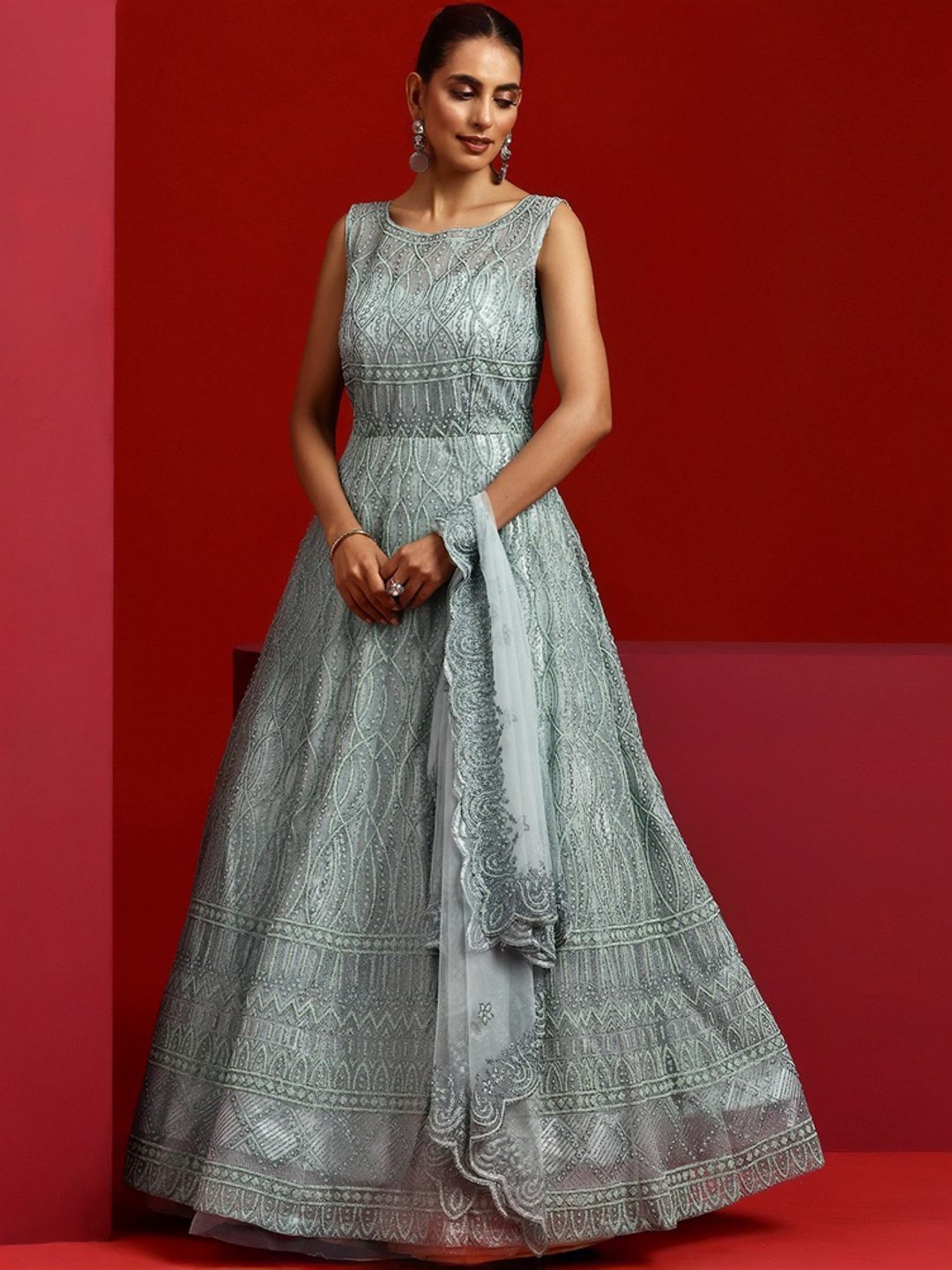 Libas Art Green Embellished Maxi Dress With Dupatta