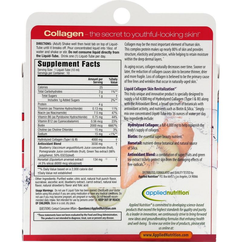 Applied Nutrition Liquid Collagen Skin Revitalization Liquid Drink Mix - Tropical Strawberry & Kiwi - 10ct