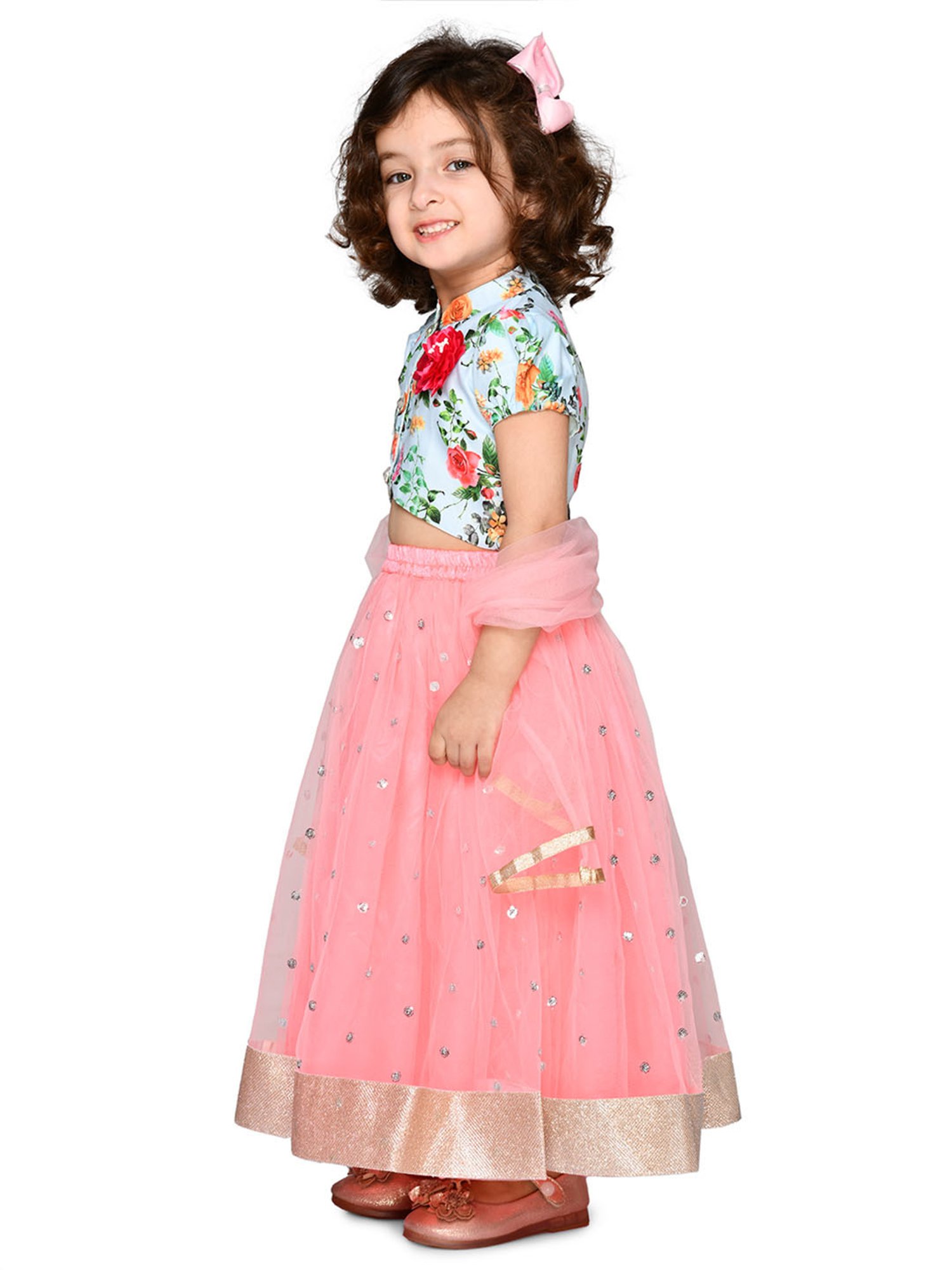 Saka Designs Kids Sky Blue & Pink Floral Print Lehenga with Choli & Dupatta