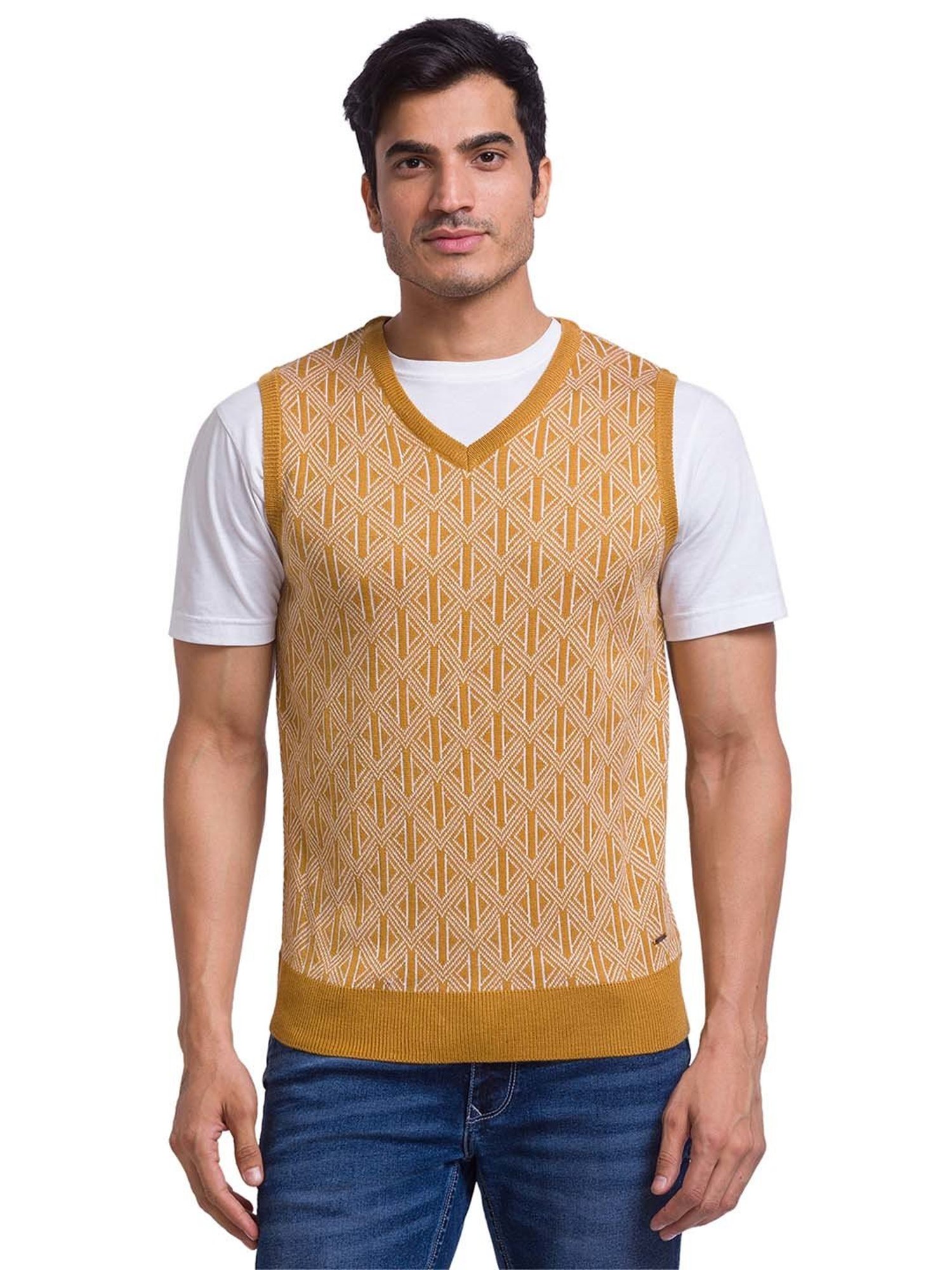 Parx Yellow Regular Fit Self Design Sweater