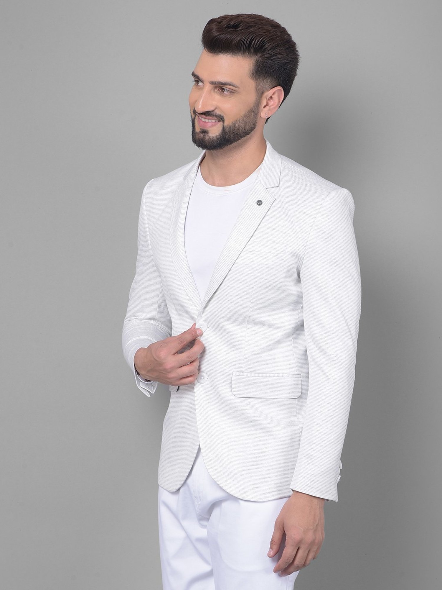 Crimsoune Club Off White Slim Fit Self Pattern Blazer