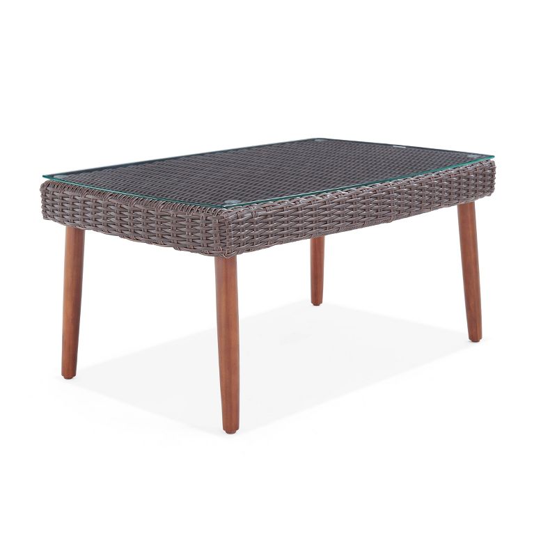 All-Weather Wicker Athens Outdoor Coffee Table with Glass Top Brown - Alaterre Furniture
