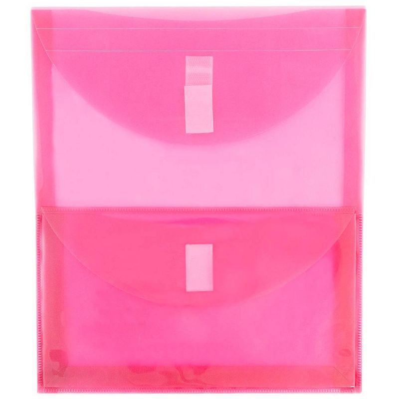 JAM Paper 9 3/4" x 11 3/4" Plastic 2 Pocket Envelope with Hook & Loop Closure, Letter Open End - Pink
