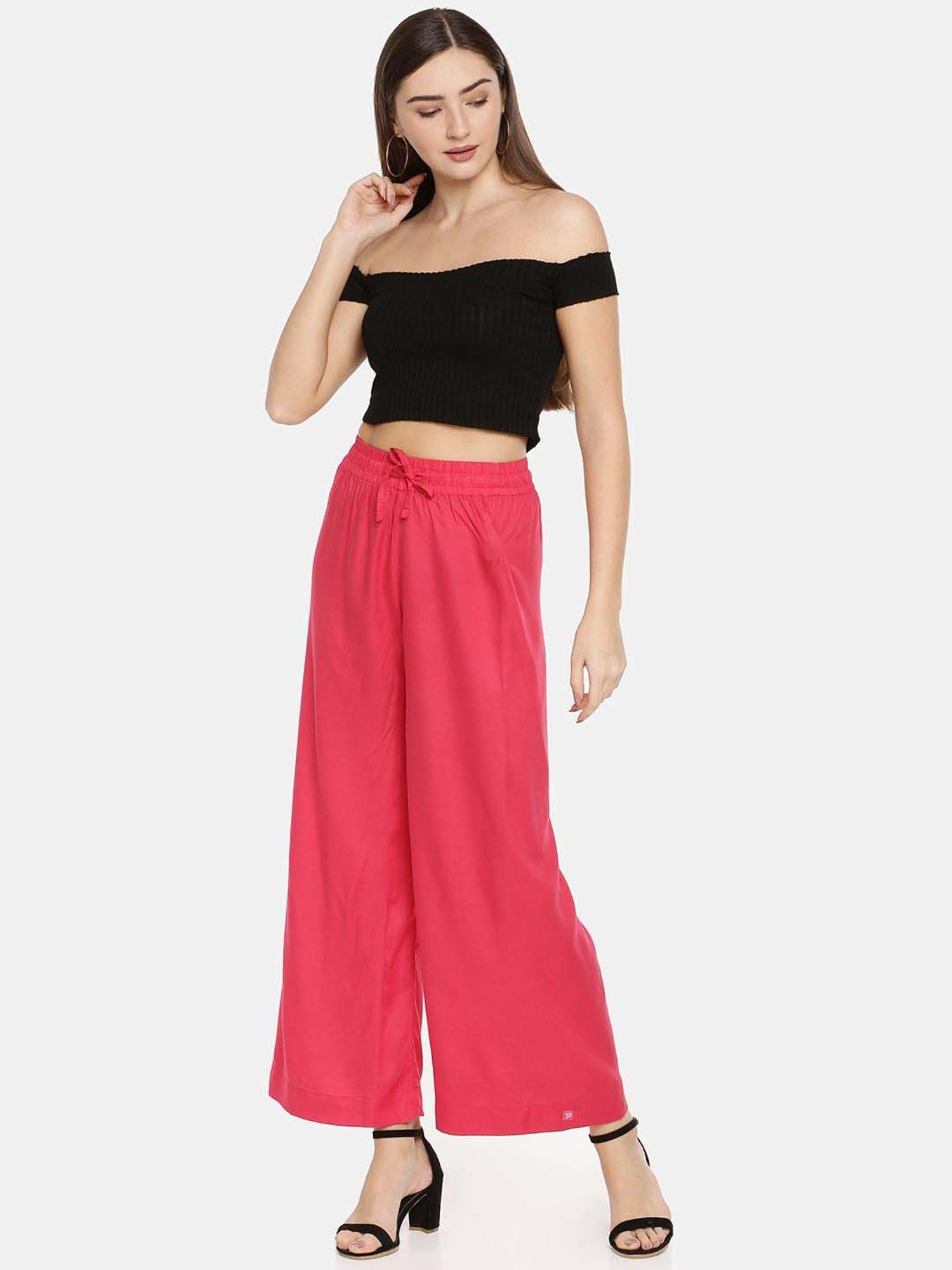 TWIN BIRDS Black & Pink Mid Rise Palazzos - Pack Of 2