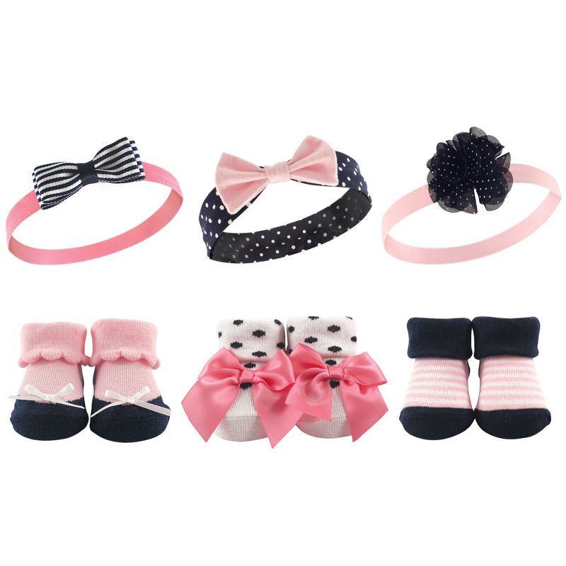 Hudson Baby Infant Girl Headband and Socks Giftset 6pc, Pink Navy, One Size