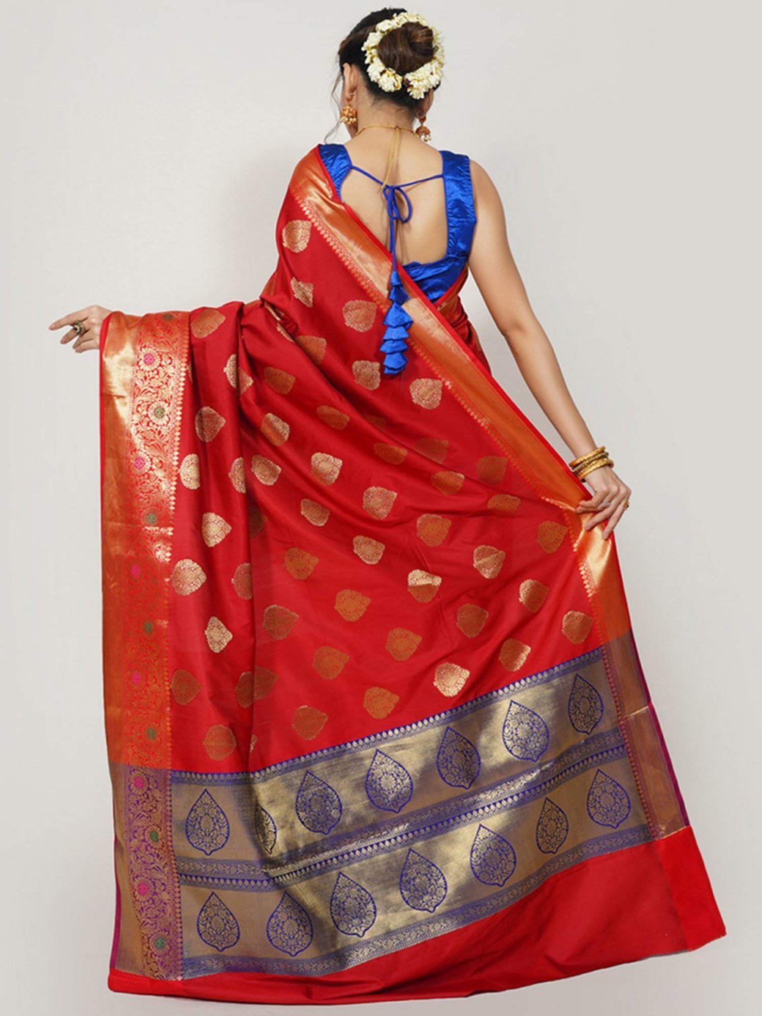 Banarasi Silk Works Red Woven Saree With Unstitched Blouse