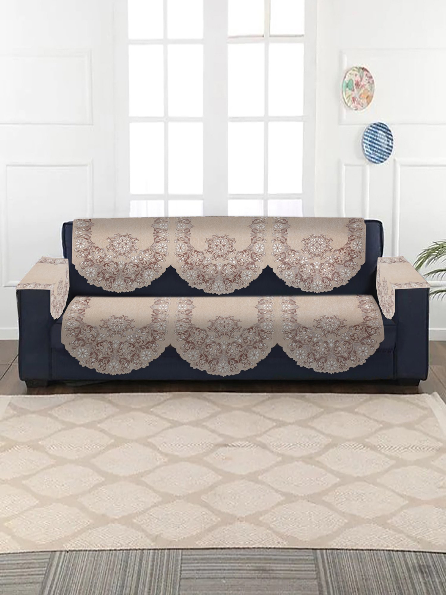 HOSTA HOMES Woven Grey & Brown 5 Seater With Arm Rest Sofa Cover