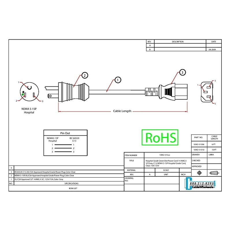 6 feet Hospital Grade Green Dot Power Cord Nema 515 Male to C13 Female Clear Plug 14 AWG SJT 15 Amp125 Volt Power Supply Cord Clear