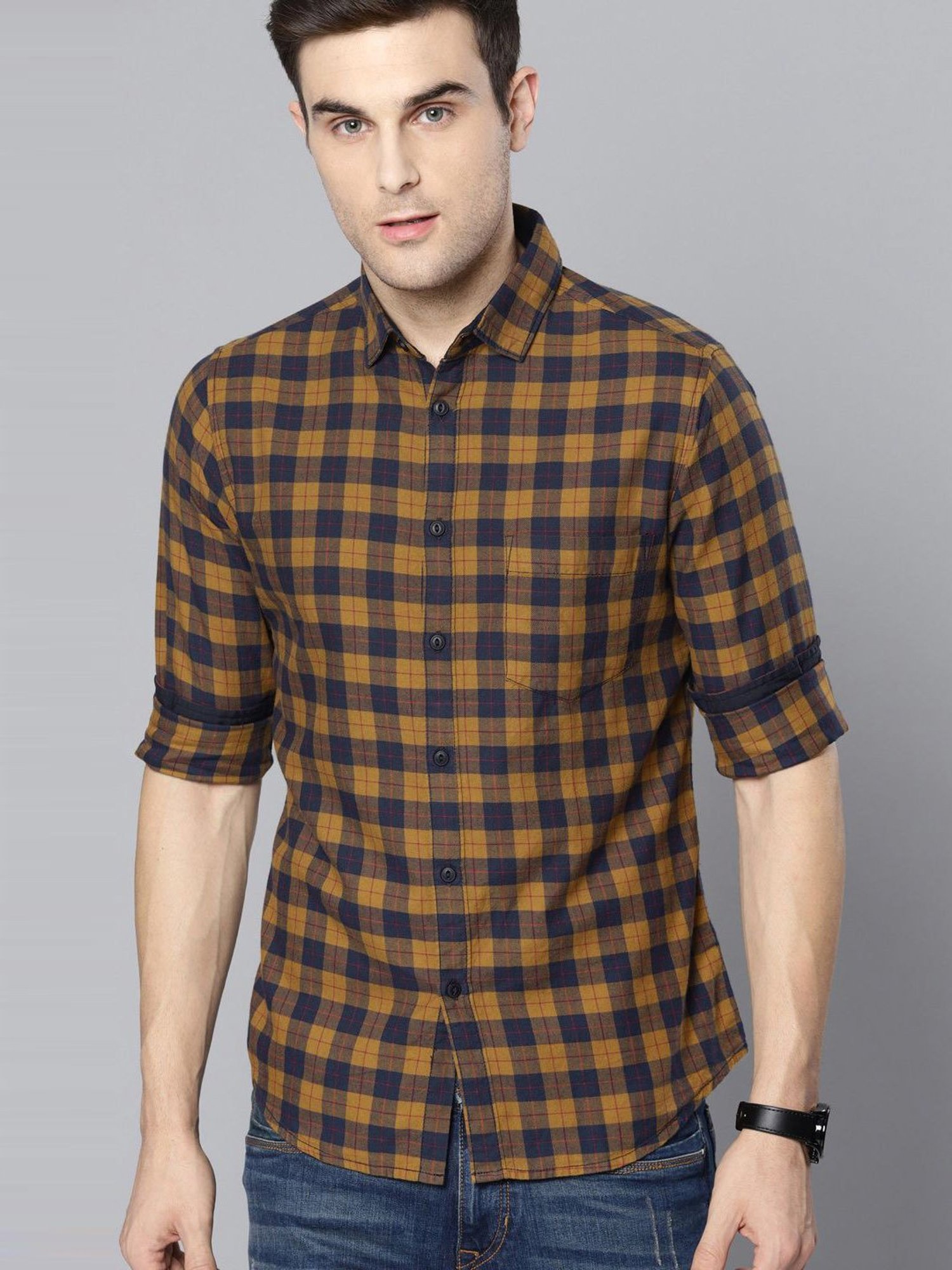 Dennis Lingo Mustard & Navy Cotton Slim Fit Checks Shirt