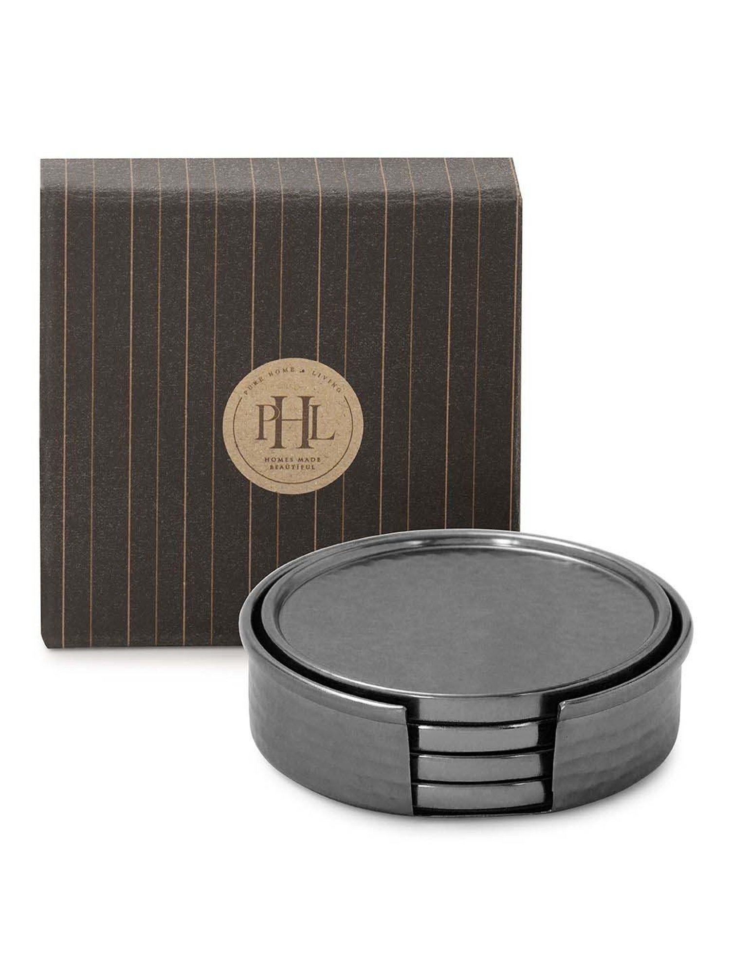 Pure Home and Living Grey Stainless Steel Matt Finish Hammered Coasters With Stand - Set of 4