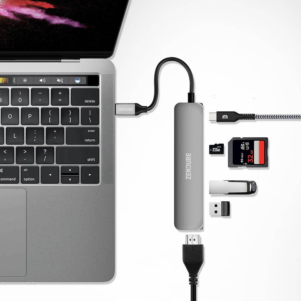 6-in-1 usb-c hub, zendure 49w slim aluminum adapter with 4k usb c to hdmi, microsd/sd card reader, 2 usb 3.0 ports, for macbook
