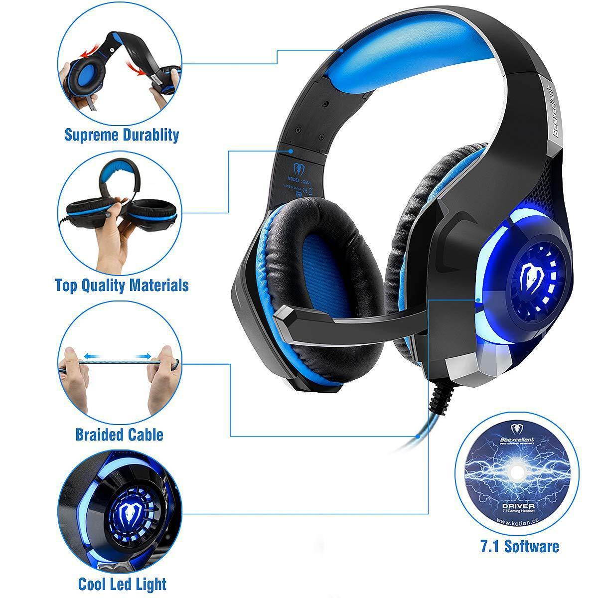 beexcellent usb headset, 7.1 surround sound computer gaming headset, pc headset with noise canceling mic volume control led light for pc mac laptop
